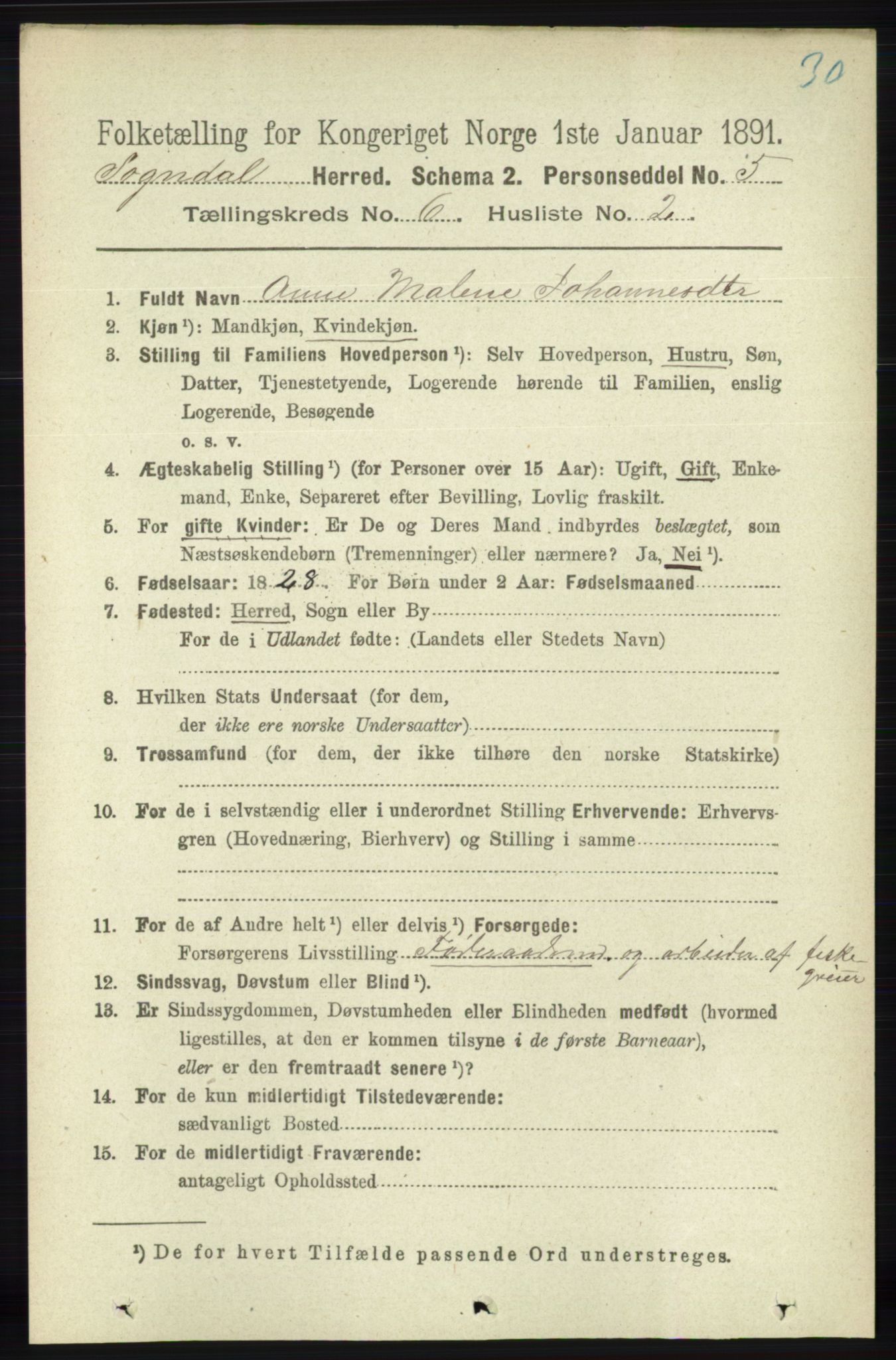 RA, 1891 census for 1111 Sokndal, 1891, p. 1650