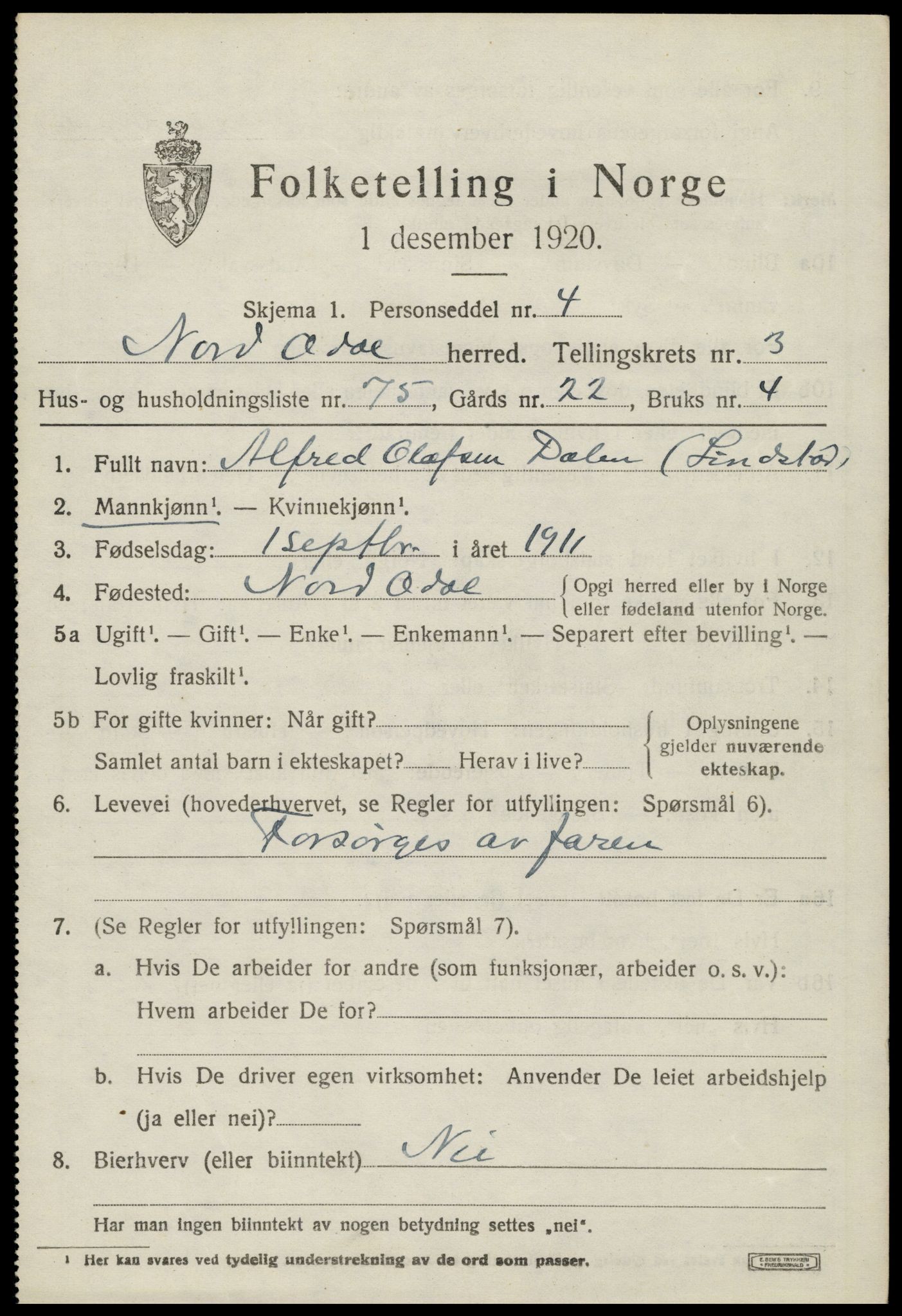 SAH, 1920 census for Nord-Odal, 1920, p. 4639