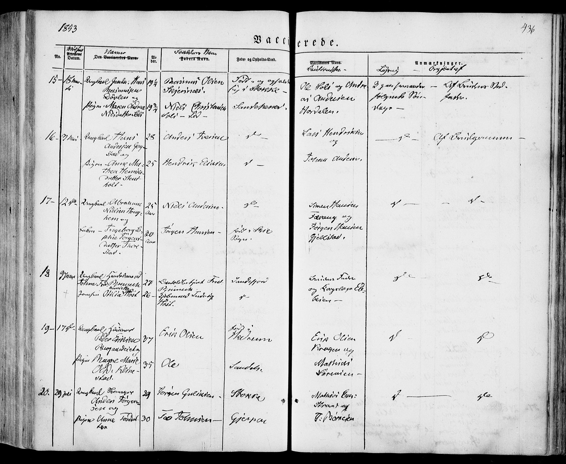 Sandar kirkebøker, SAKO/A-243/F/Fa/L0006: Parish register (official) no. 6, 1847-1860, p. 436