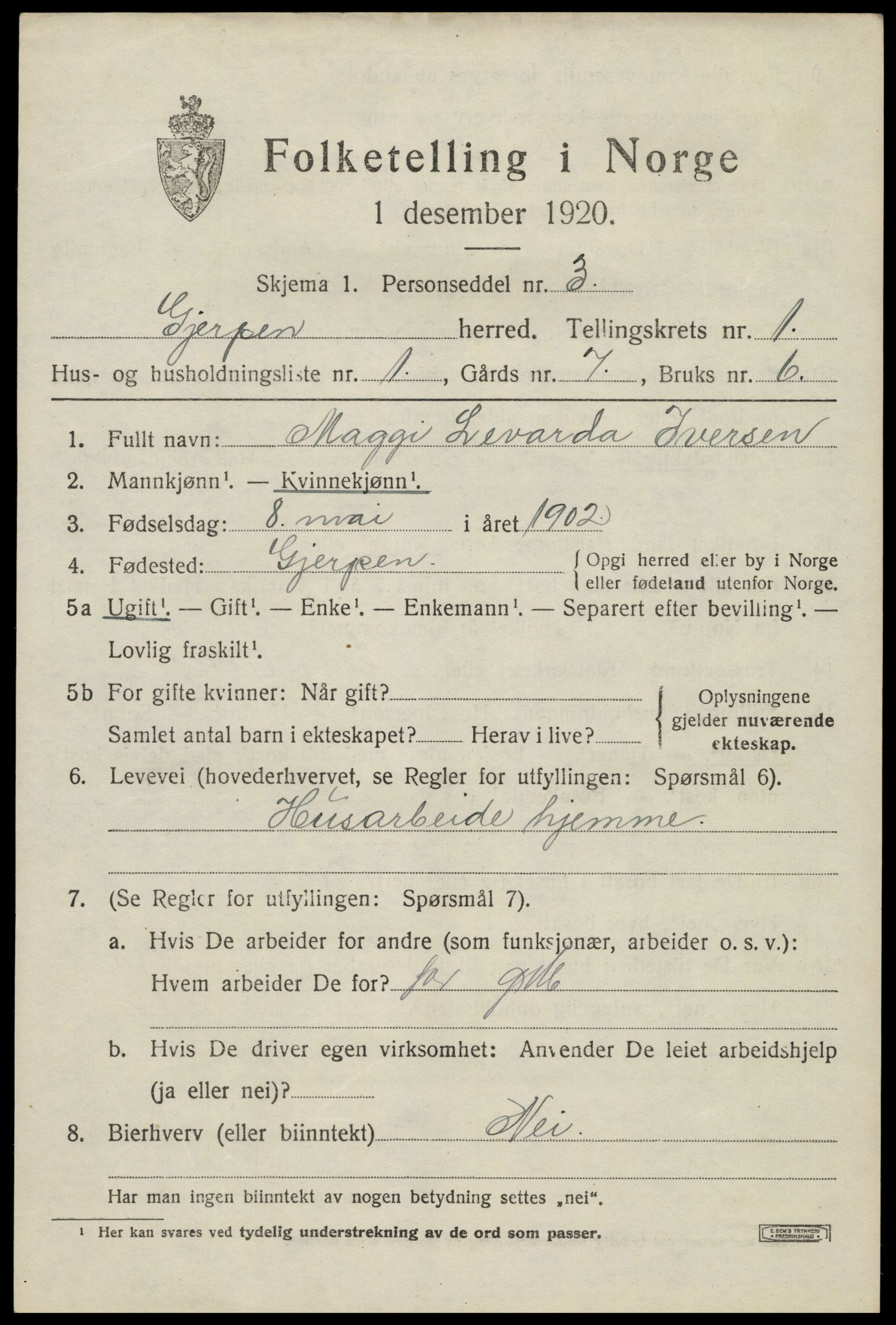 SAKO, 1920 census for Gjerpen, 1920, p. 2696