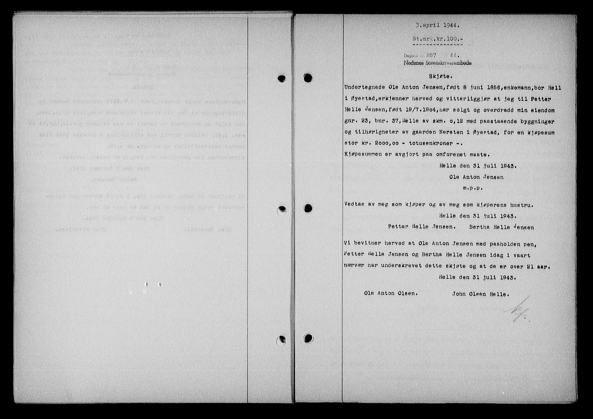 Nedenes sorenskriveri, SAK/1221-0006/G/Gb/Gba/L0051: Mortgage book no. A-V, 1943-1944, Diary no: : 287/1944
