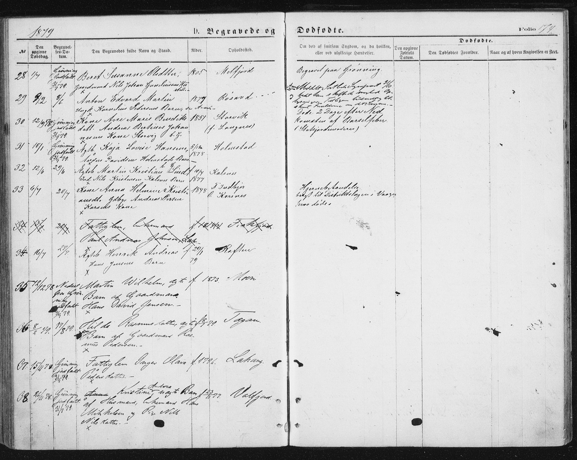 Ministerialprotokoller, klokkerbøker og fødselsregistre - Nordland, AV/SAT-A-1459/888/L1243: Parish register (official) no. 888A09, 1876-1879, p. 174