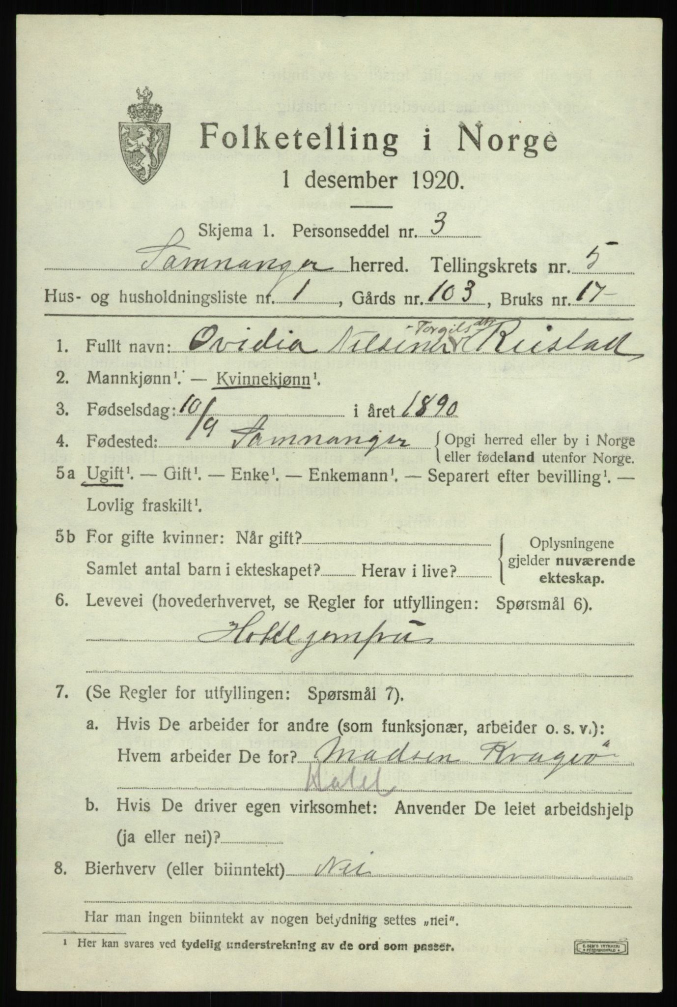 SAB, 1920 census for Samnanger, 1920, p. 1775