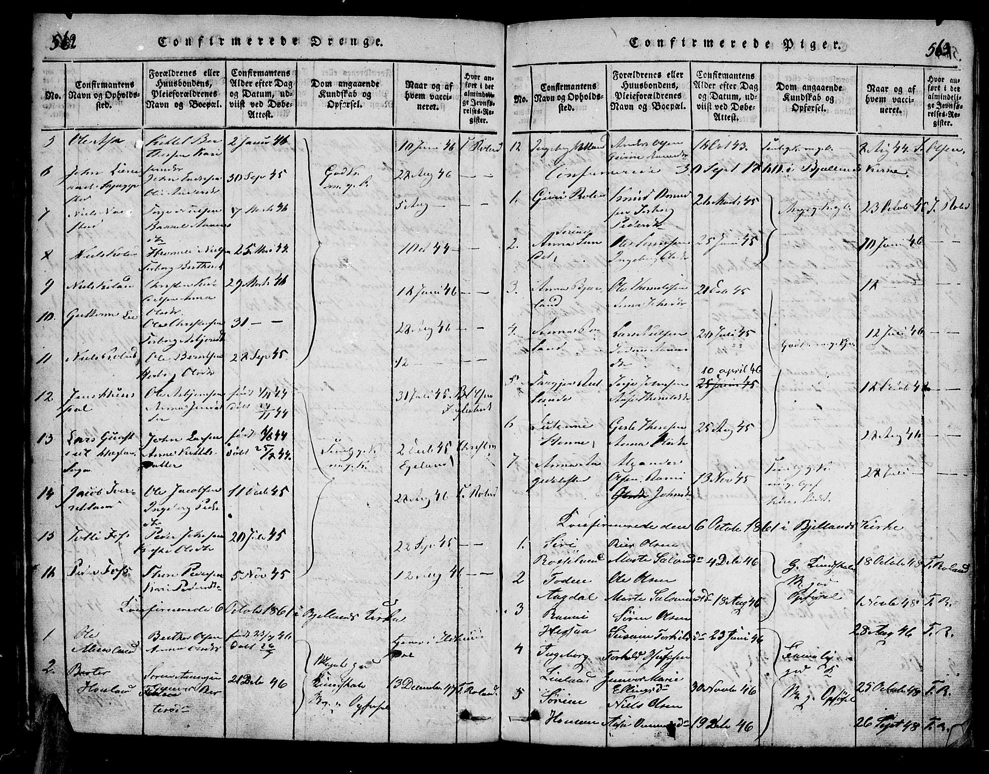 Bjelland sokneprestkontor, SAK/1111-0005/F/Fa/Faa/L0002: Parish register (official) no. A 2, 1816-1866, p. 562-563