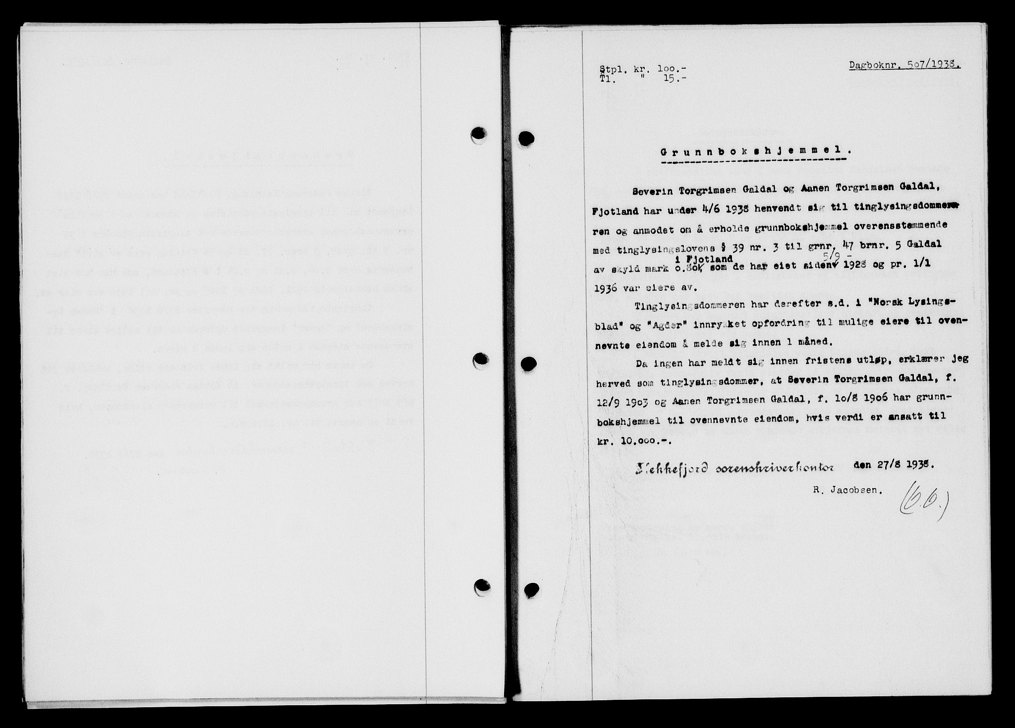 Flekkefjord sorenskriveri, AV/SAK-1221-0001/G/Gb/Gba/L0054: Mortgage book no. A-2, 1937-1938, Diary no: : 507/1938