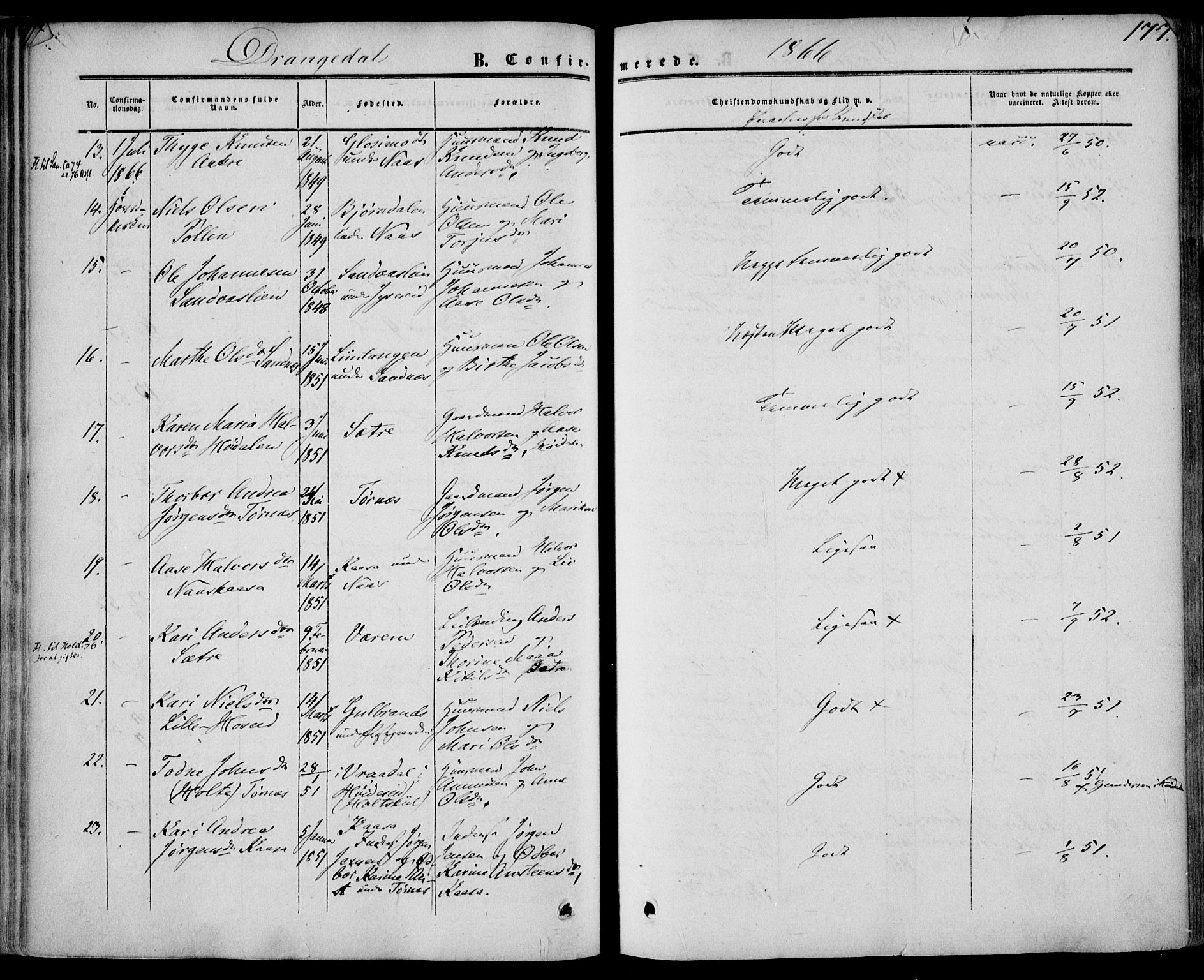 Drangedal kirkebøker, SAKO/A-258/F/Fa/L0008: Parish register (official) no. 8, 1857-1871, p. 177