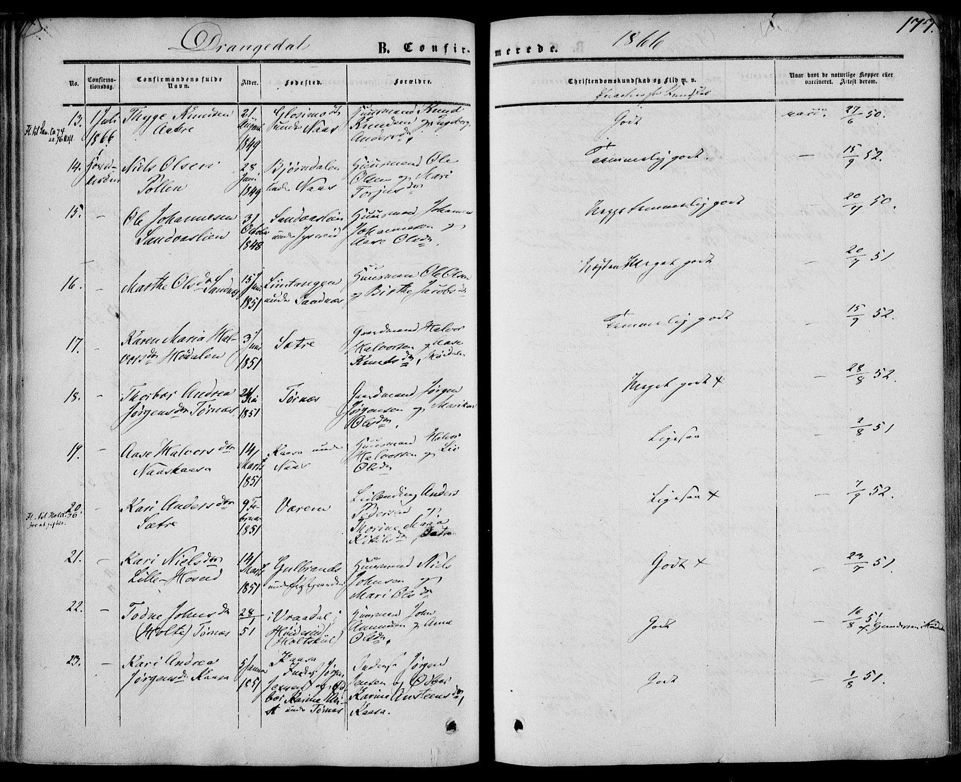 Drangedal kirkebøker, AV/SAKO-A-258/F/Fa/L0008: Parish register (official) no. 8, 1857-1871, p. 177