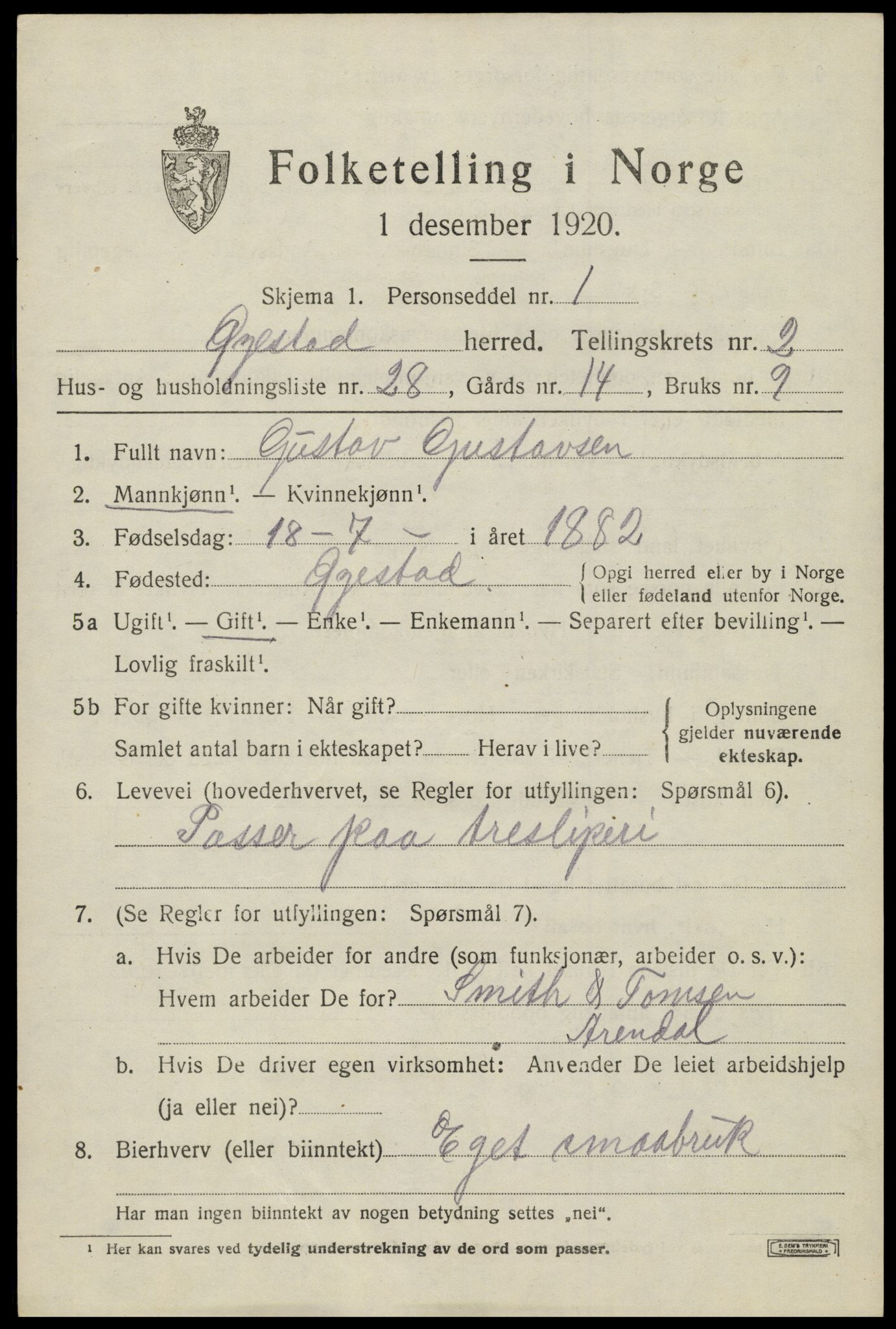 SAK, 1920 census for Øyestad, 1920, p. 2618