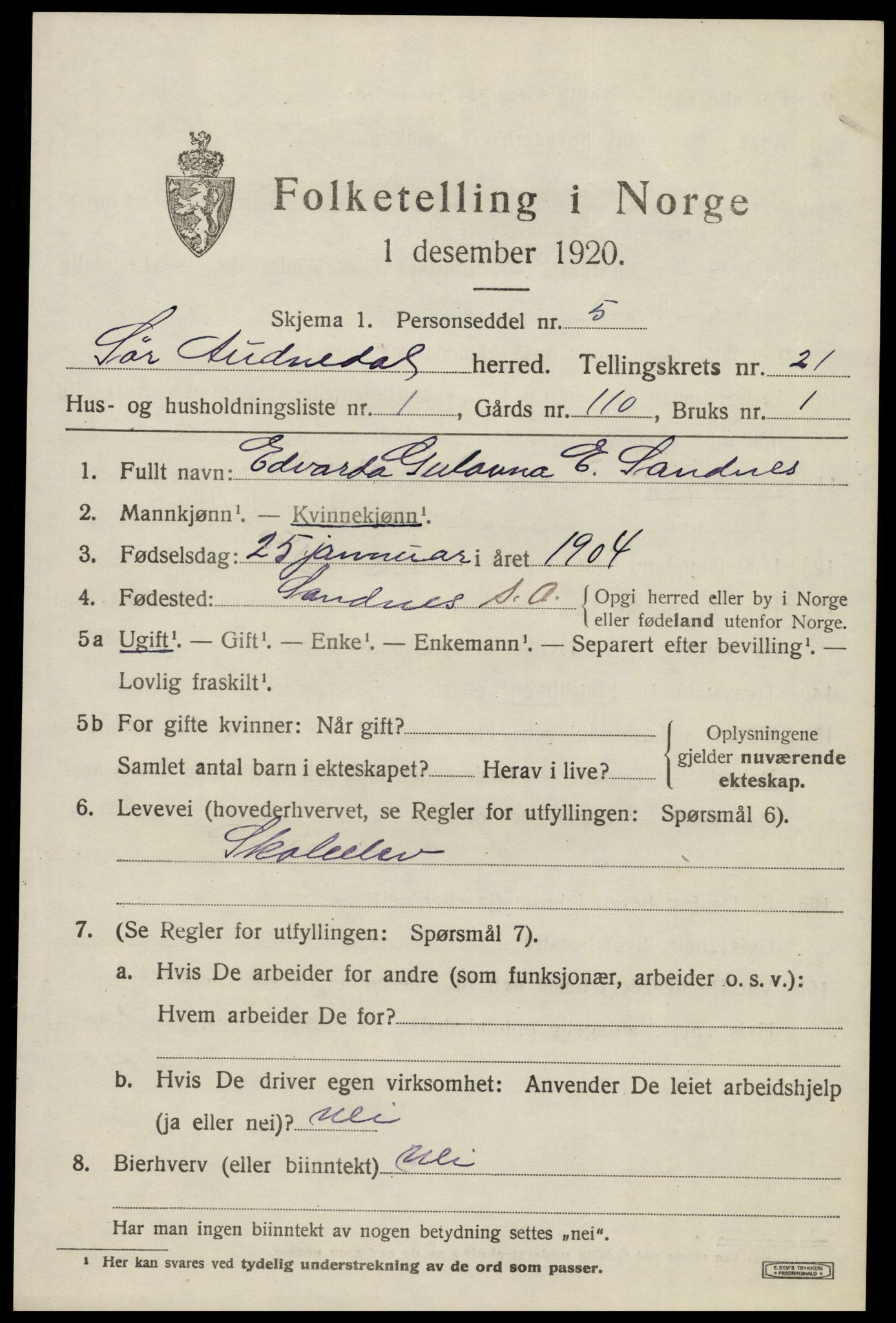 SAK, 1920 census for Sør-Audnedal, 1920, p. 6935