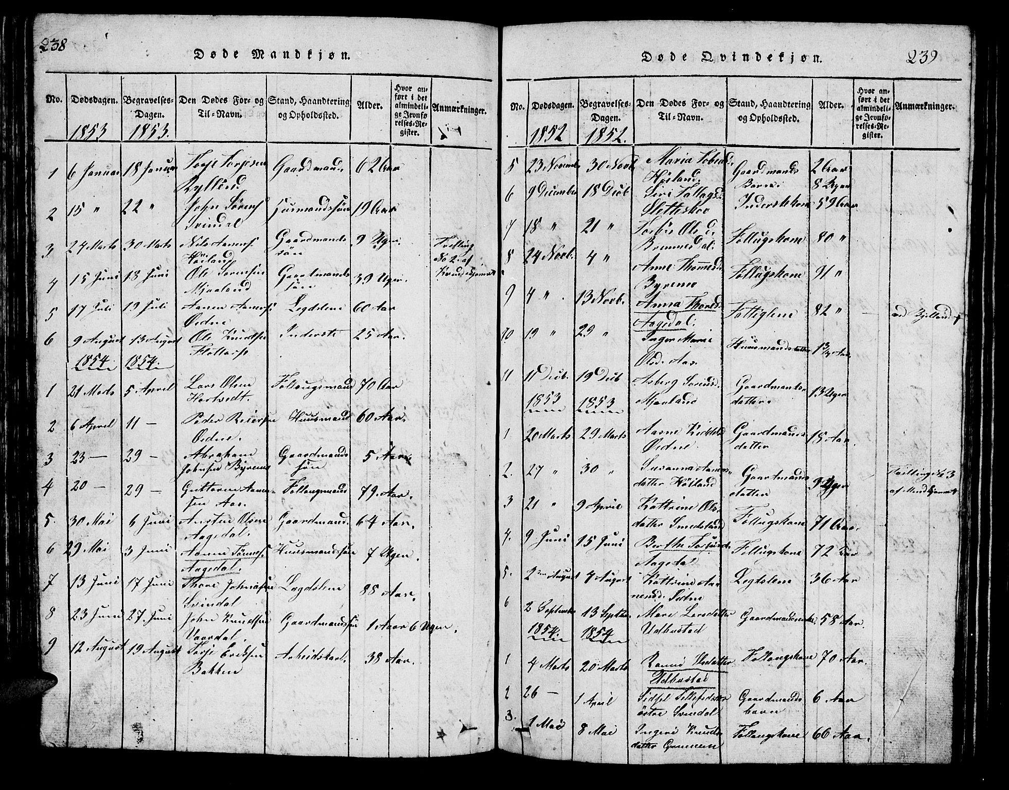 Bjelland sokneprestkontor, SAK/1111-0005/F/Fb/Fbc/L0001: Parish register (copy) no. B 1, 1815-1870, p. 238-239
