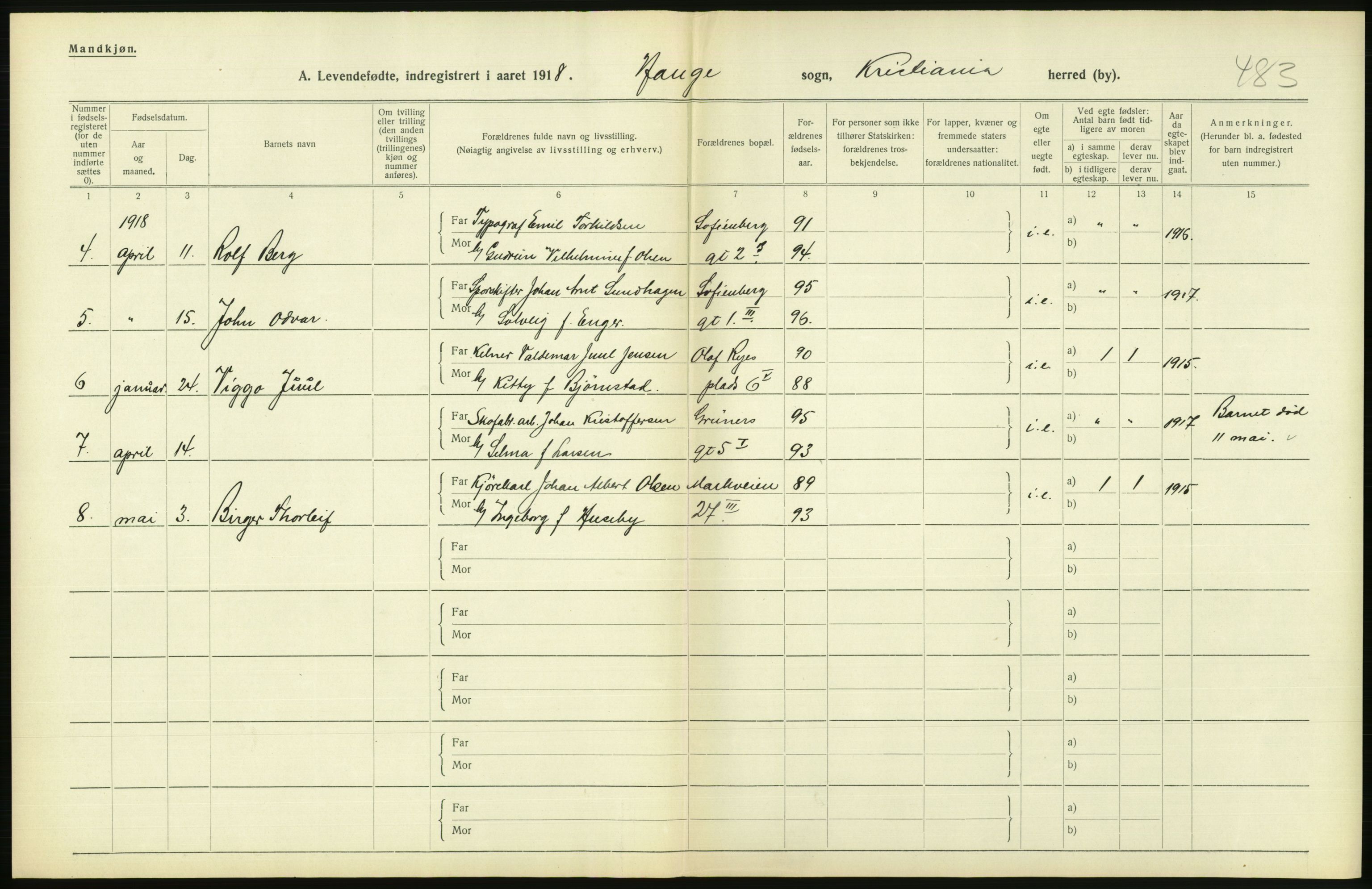 Statistisk sentralbyrå, Sosiodemografiske emner, Befolkning, AV/RA-S-2228/D/Df/Dfb/Dfbh/L0008: Kristiania: Levendefødte menn og kvinner., 1918, p. 660