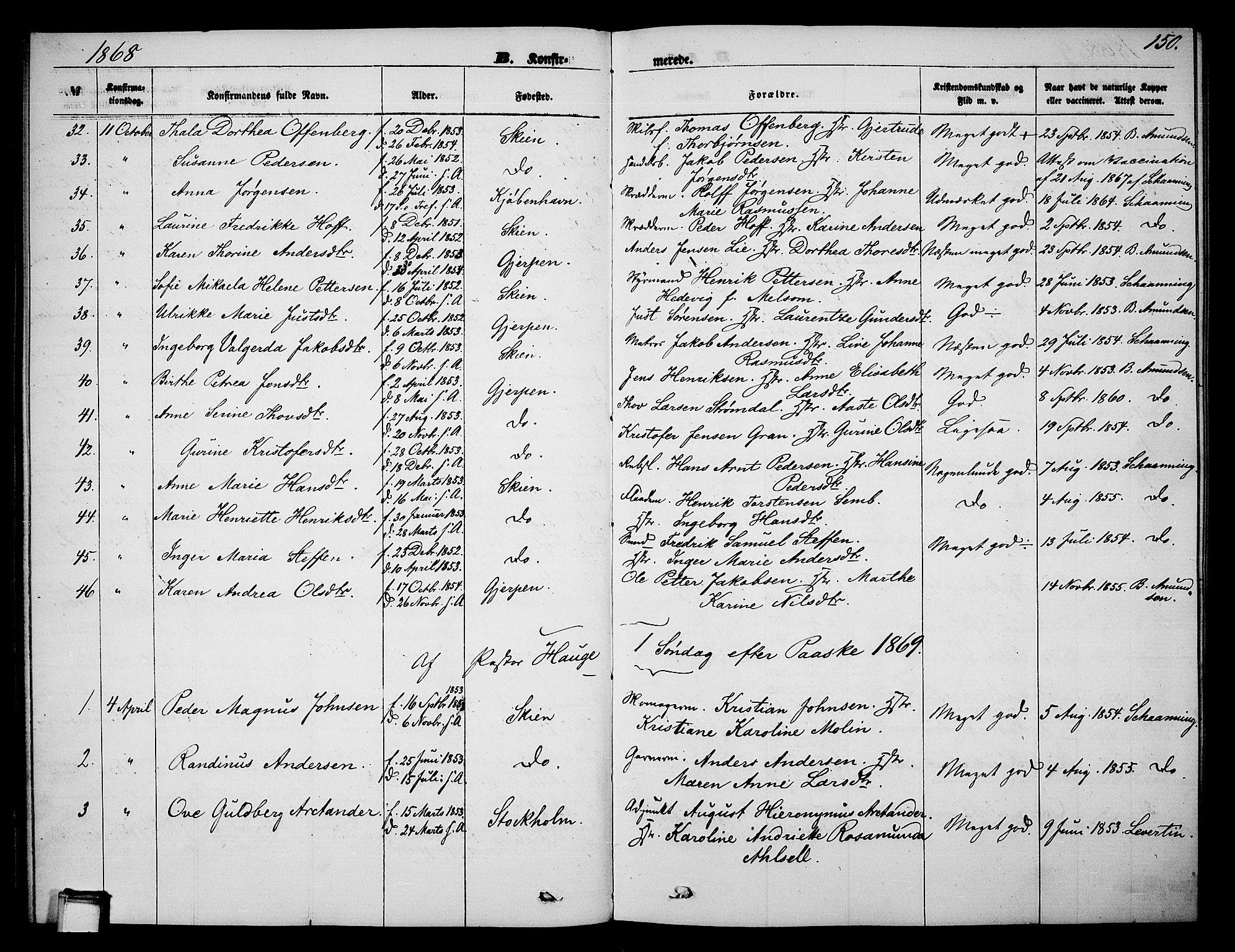 Skien kirkebøker, AV/SAKO-A-302/G/Ga/L0005: Parish register (copy) no. 5, 1868-1880, p. 150