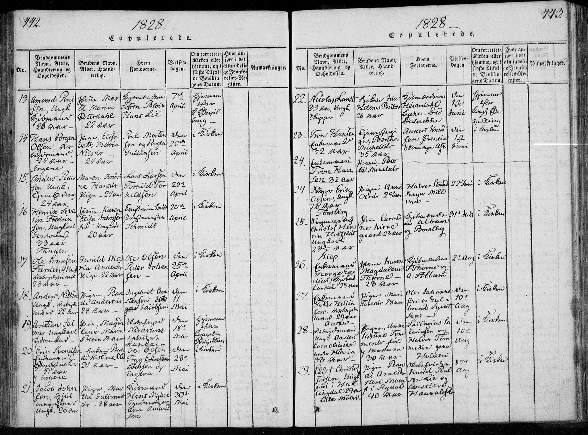 Bragernes kirkebøker, SAKO/A-6/F/Fa/L0007: Parish register (official) no. I 7, 1815-1829, p. 442-443