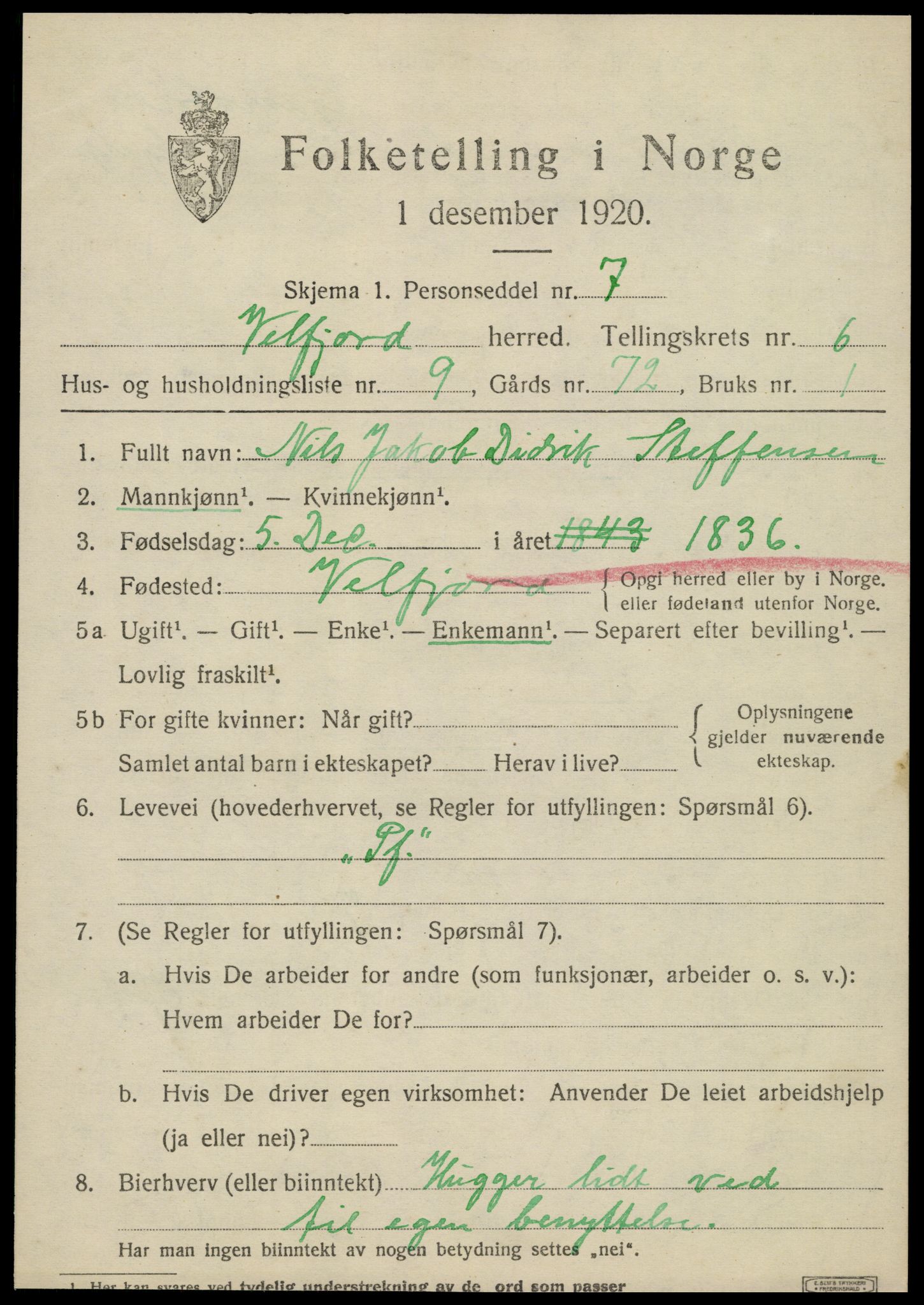 SAT, 1920 census for Velfjord, 1920, p. 3501