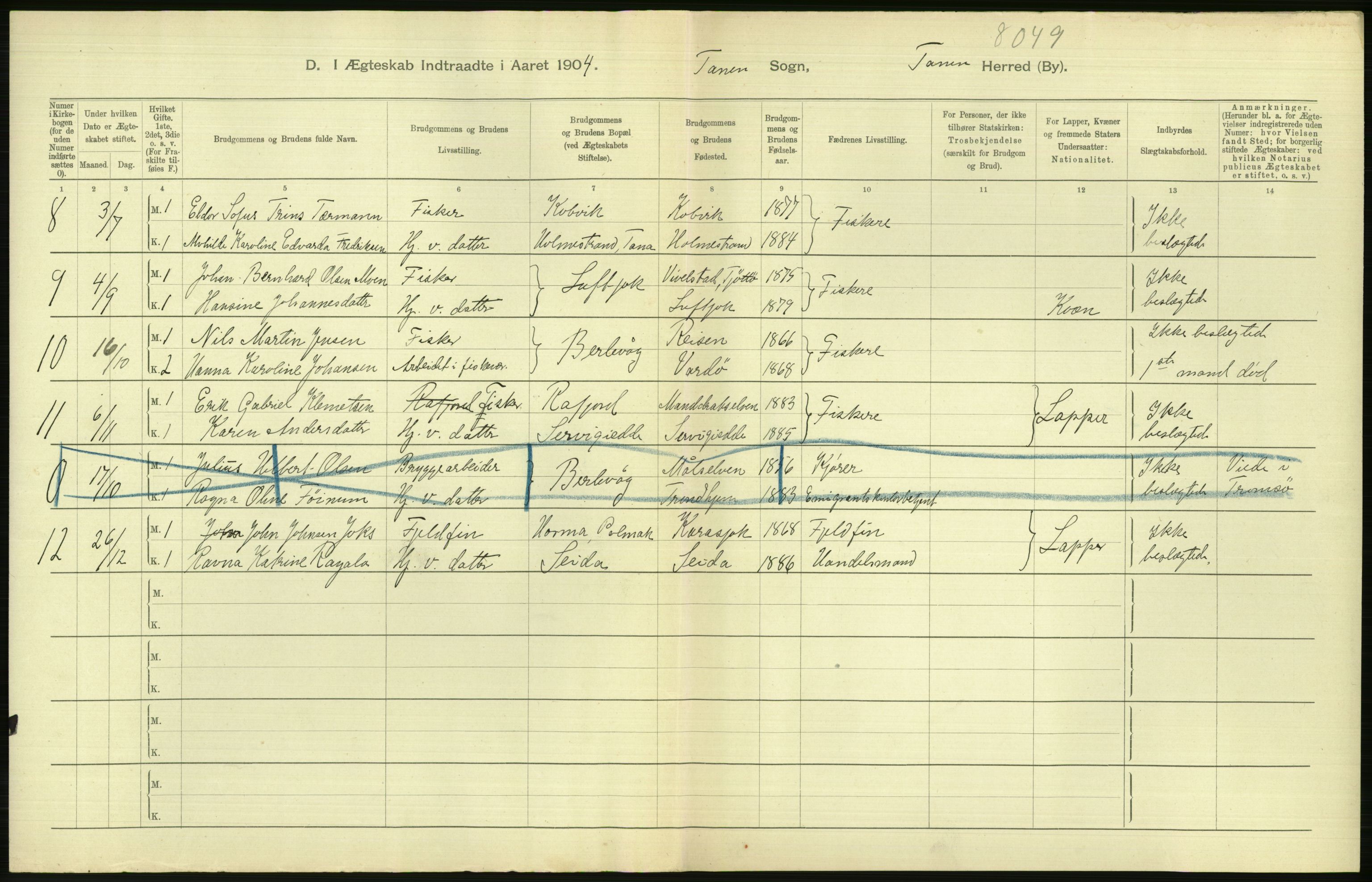 Statistisk sentralbyrå, Sosiodemografiske emner, Befolkning, RA/S-2228/D/Df/Dfa/Dfab/L0023: Finnmarkens amt: Fødte, gifte, døde, 1904, p. 172