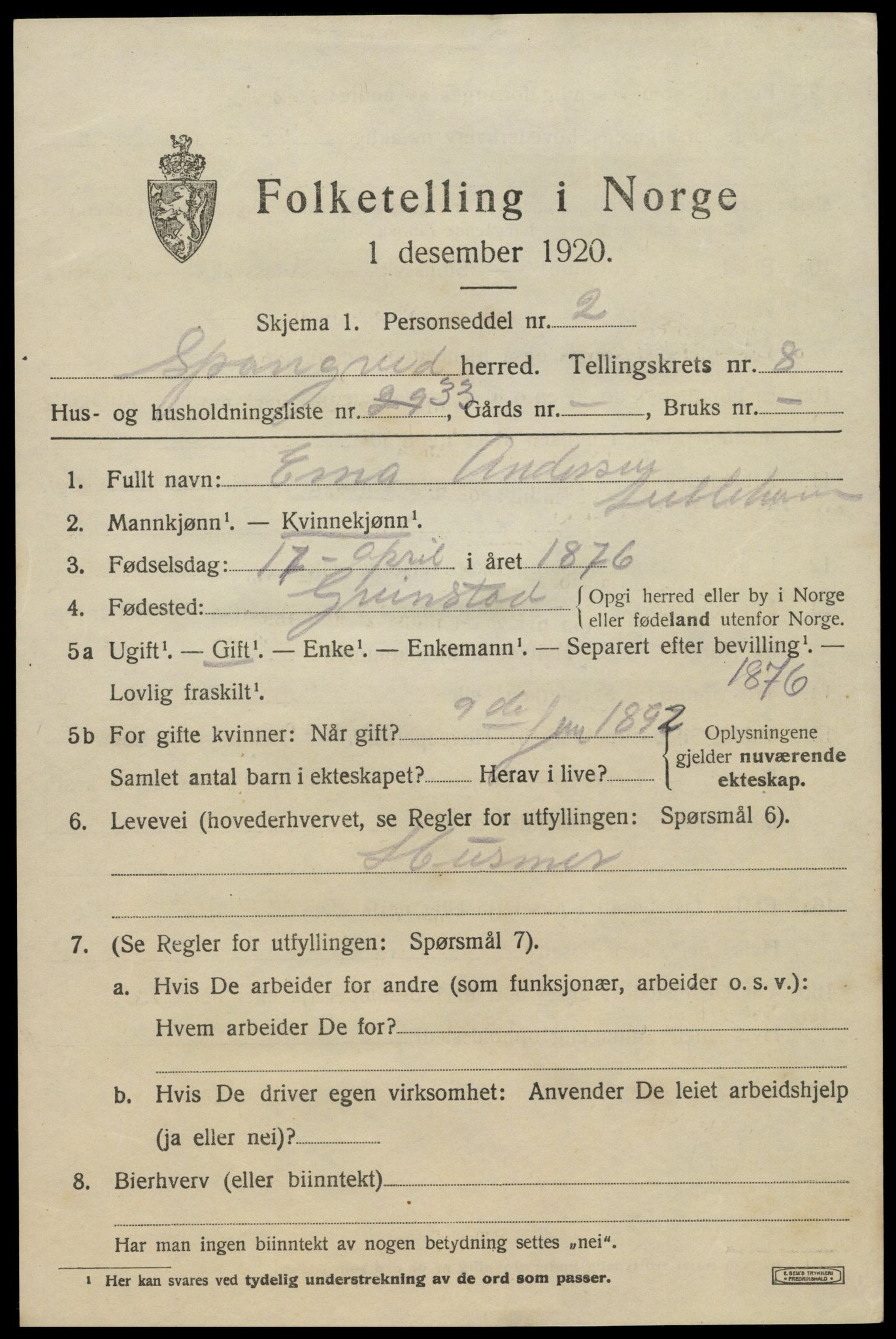 SAK, 1920 census for Spangereid, 1920, p. 3173