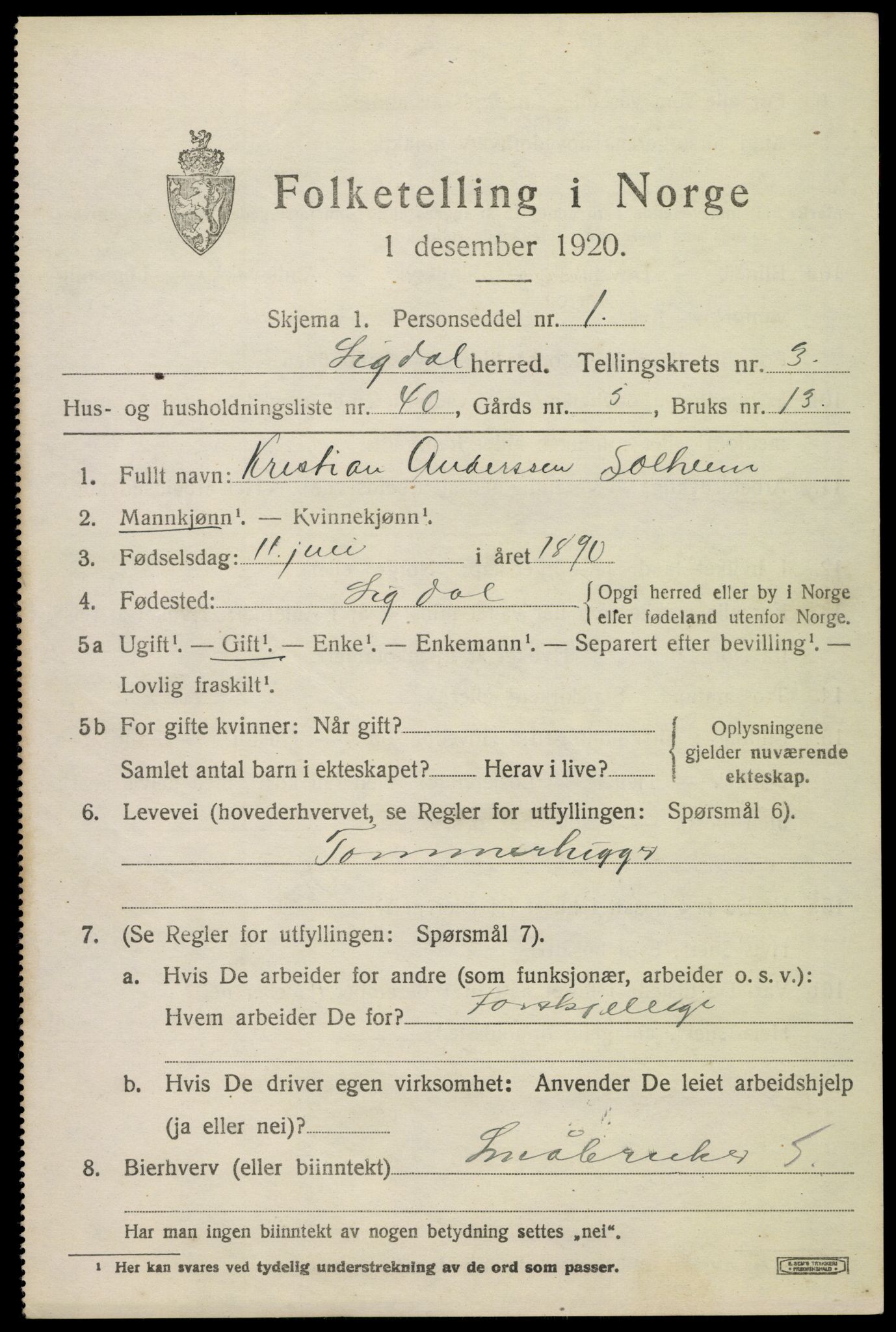 SAKO, 1920 census for Sigdal, 1920, p. 3144