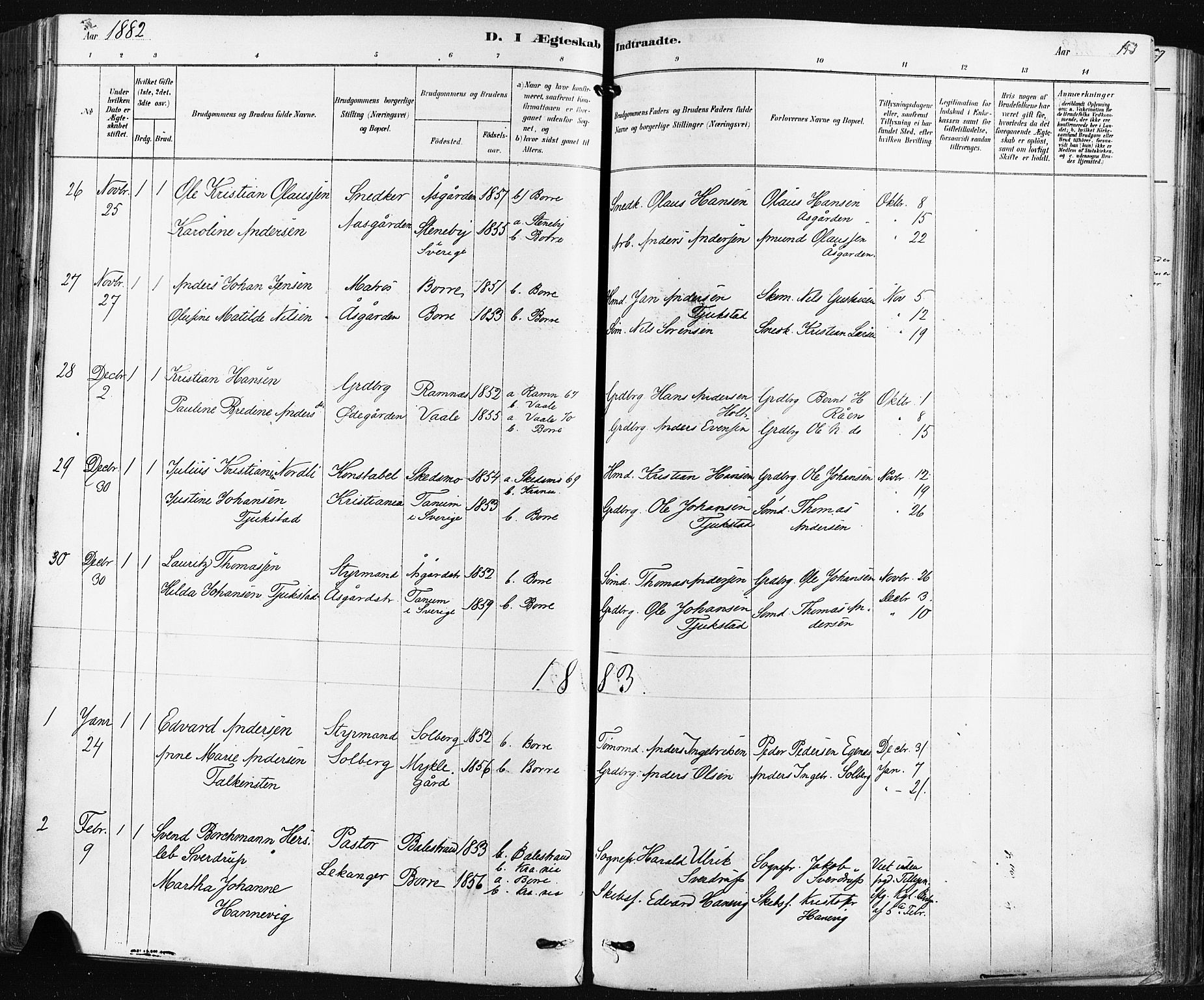 Borre kirkebøker, SAKO/A-338/F/Fa/L0009: Parish register (official) no. I 9, 1878-1896, p. 153