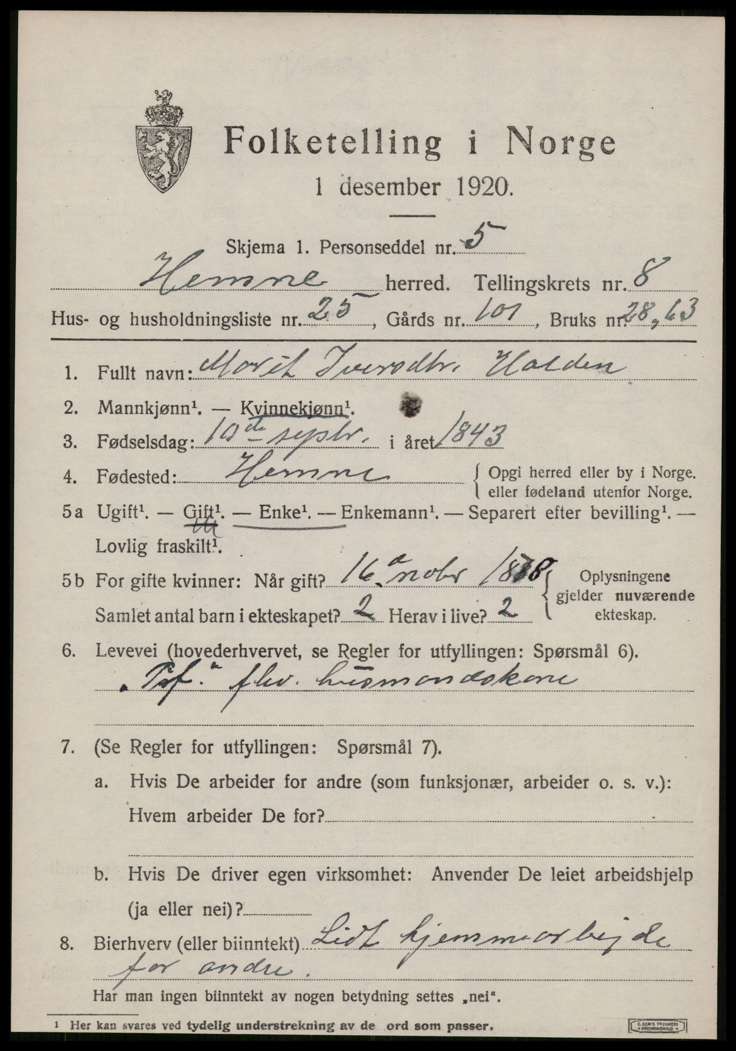 SAT, 1920 census for Hemne, 1920, p. 5018