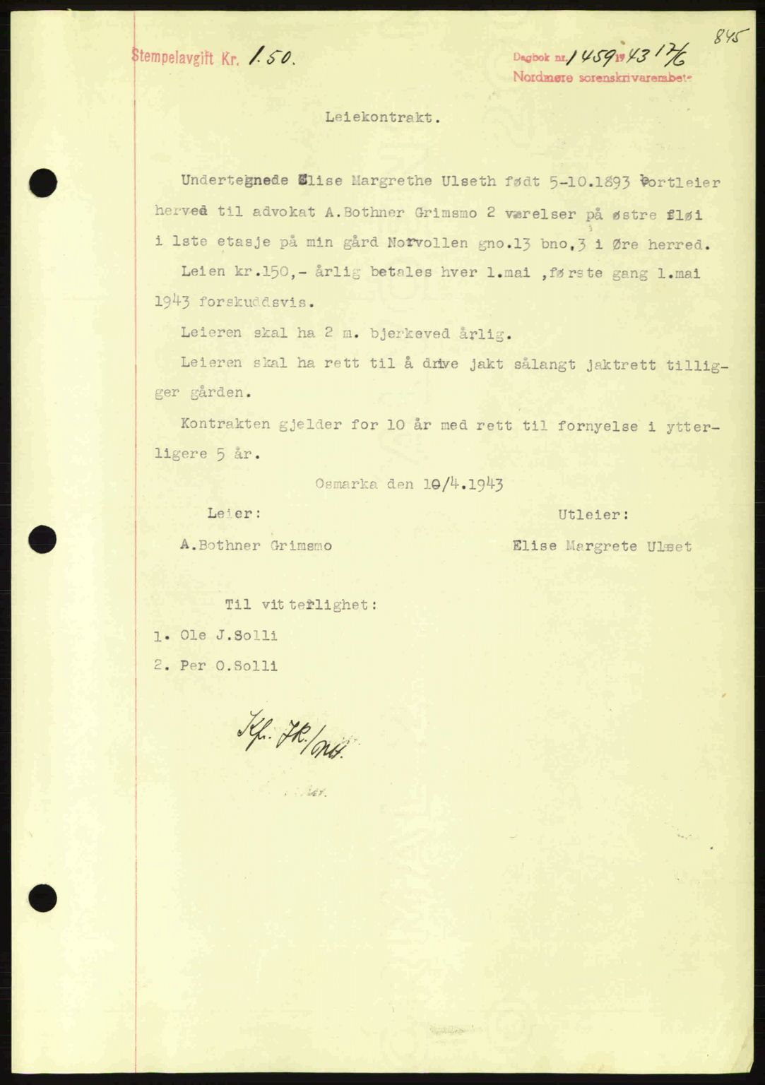 Nordmøre sorenskriveri, AV/SAT-A-4132/1/2/2Ca: Mortgage book no. B90, 1942-1943, Diary no: : 1459/1943