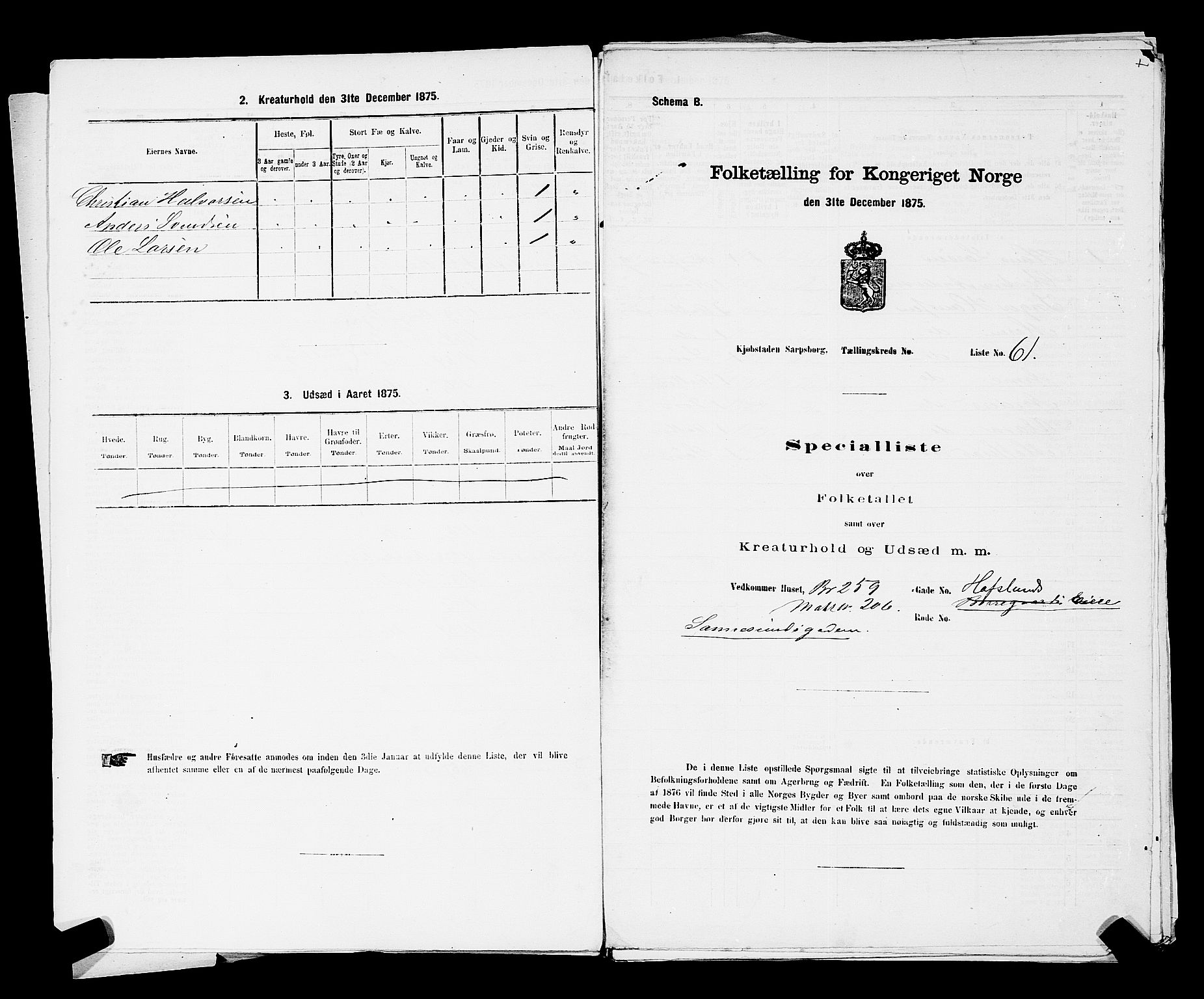 RA, 1875 census for 0102P Sarpsborg, 1875, p. 141