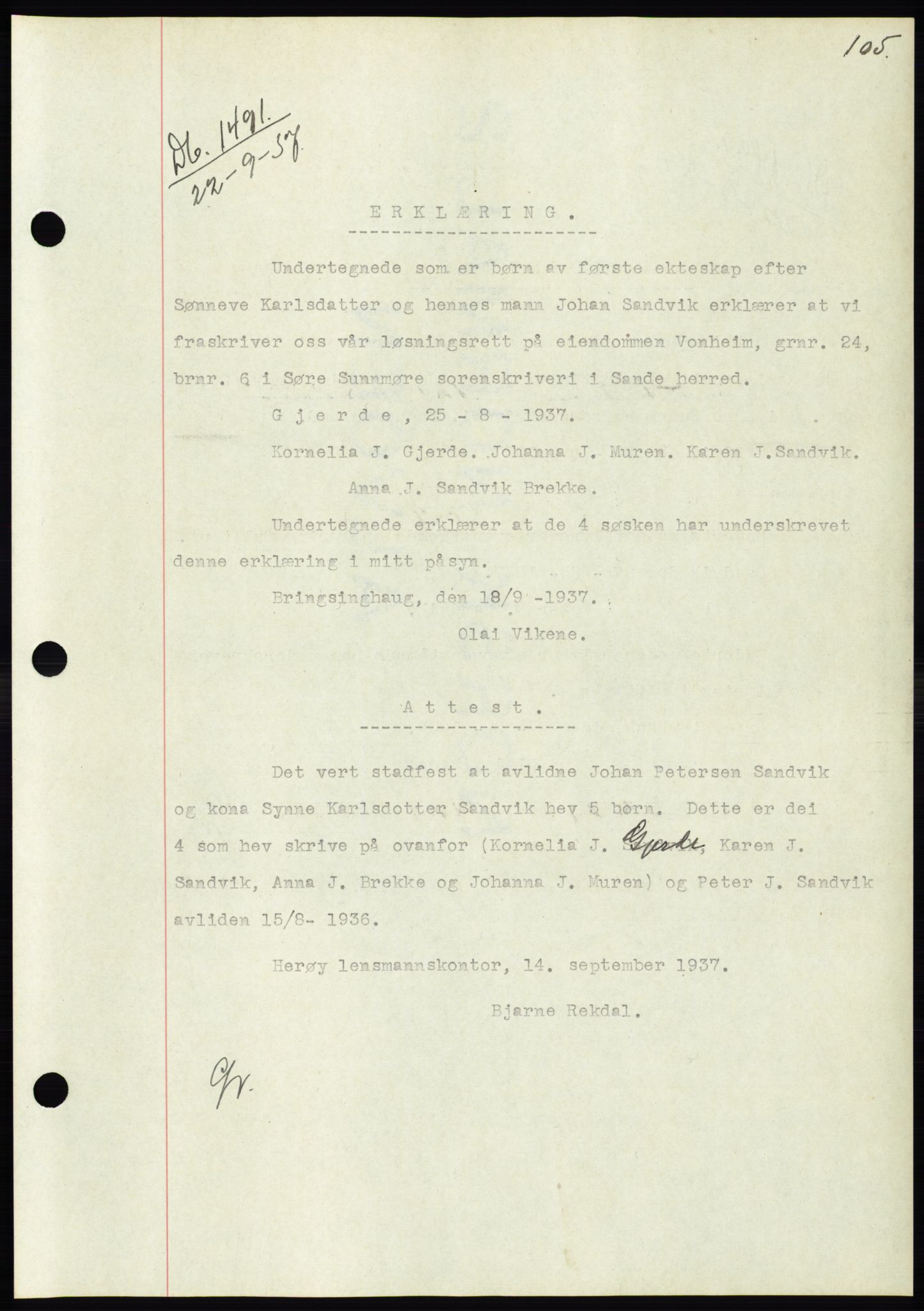 Søre Sunnmøre sorenskriveri, AV/SAT-A-4122/1/2/2C/L0064: Mortgage book no. 58, 1937-1938, Diary no: : 1491/1937