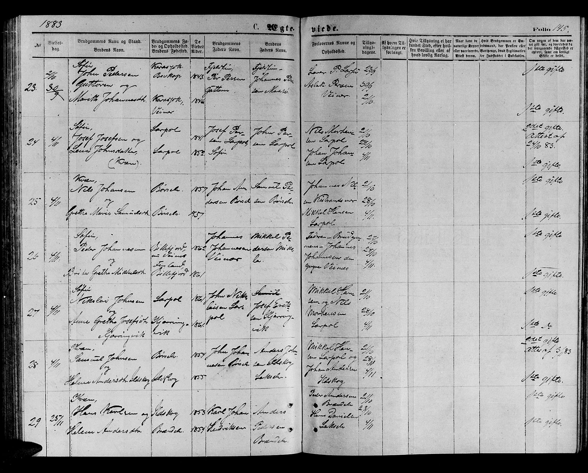 Kistrand/Porsanger sokneprestembete, AV/SATØ-S-1351/H/Hb/L0003.klokk: Parish register (copy) no. 3, 1874-1885, p. 145