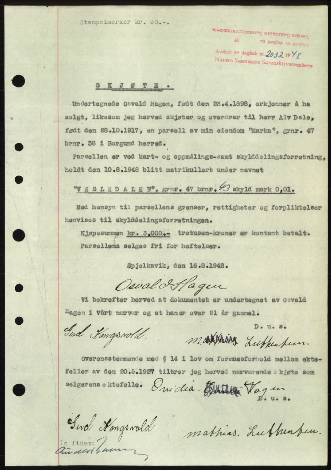 Nordre Sunnmøre sorenskriveri, AV/SAT-A-0006/1/2/2C/2Ca: Mortgage book no. A29, 1948-1949, Diary no: : 2032/1948