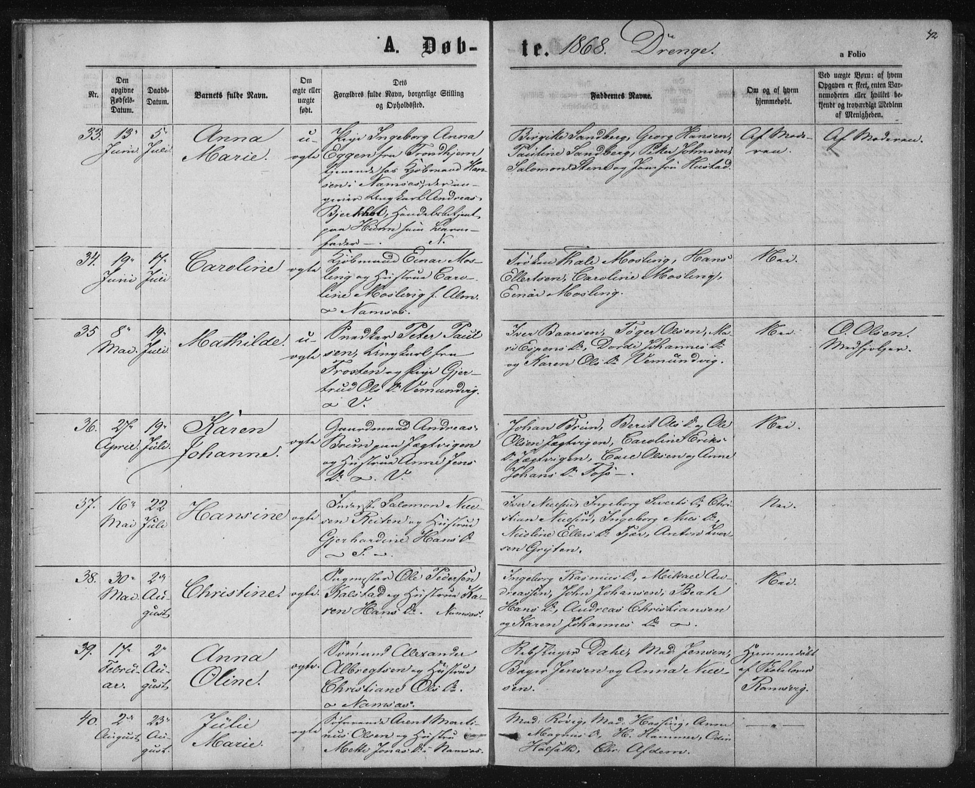 Ministerialprotokoller, klokkerbøker og fødselsregistre - Nord-Trøndelag, AV/SAT-A-1458/768/L0570: Parish register (official) no. 768A05, 1865-1874, p. 42