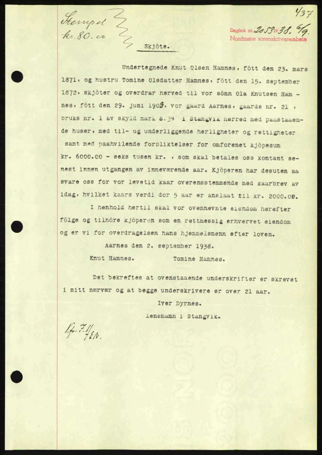 Nordmøre sorenskriveri, SAT/A-4132/1/2/2Ca: Mortgage book no. A84, 1938-1938, Diary no: : 2053/1938