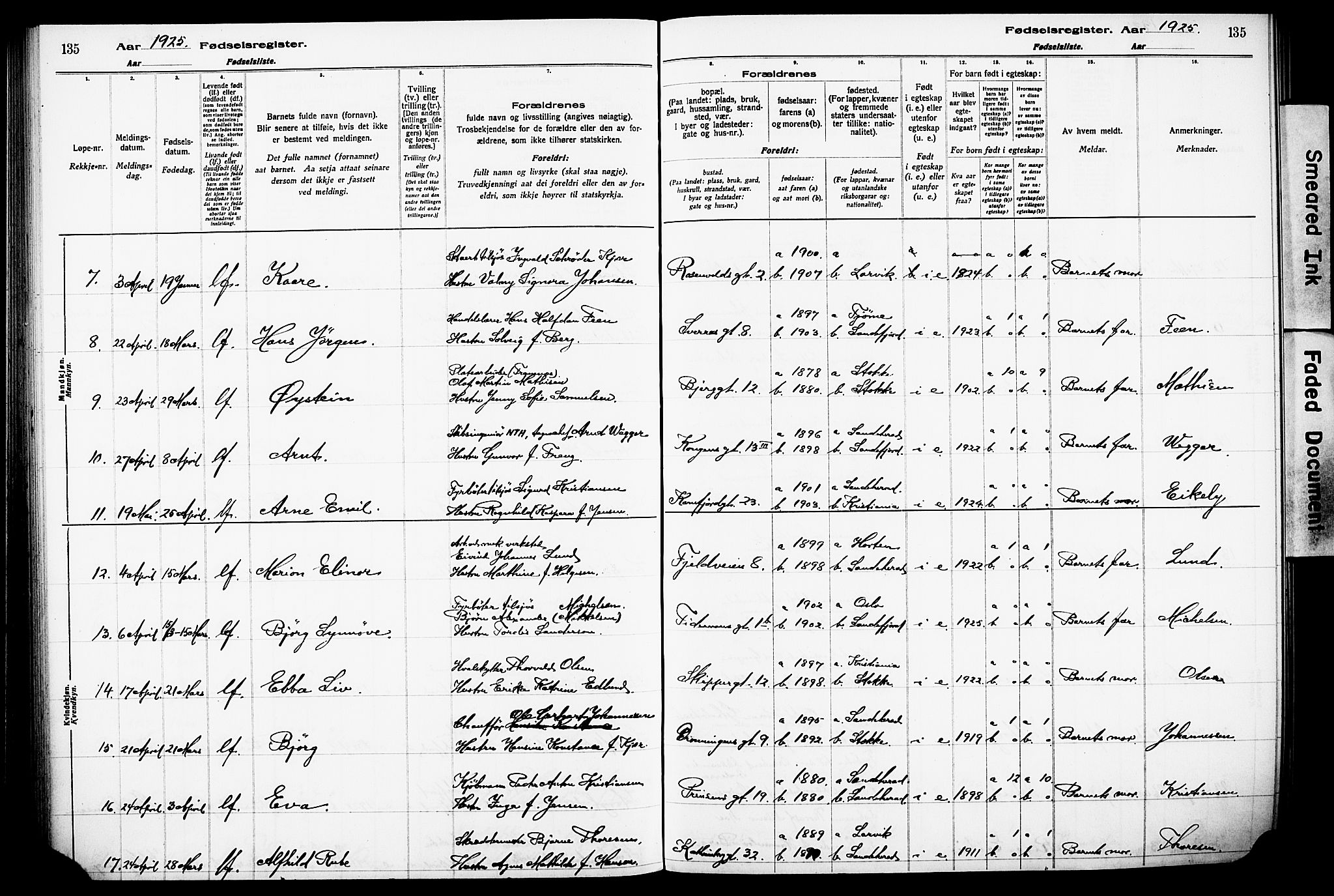 Sandefjord kirkebøker, AV/SAKO-A-315/J/Ja/L0001: Birth register no. 1, 1916-1932, p. 135