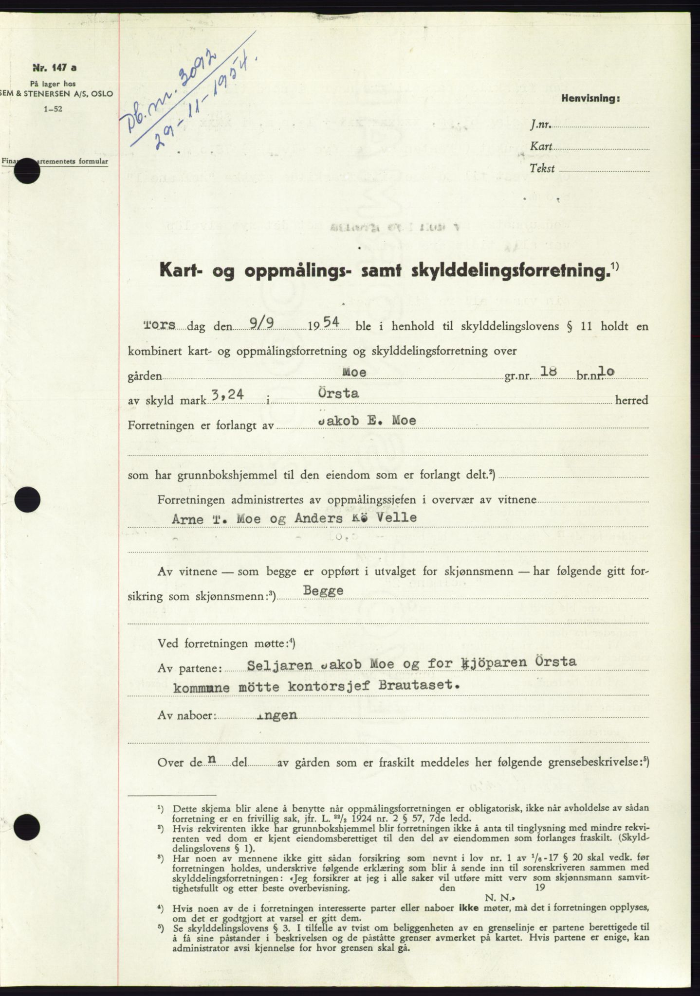 Søre Sunnmøre sorenskriveri, AV/SAT-A-4122/1/2/2C/L0099: Mortgage book no. 25A, 1954-1954, Diary no: : 3092/1954