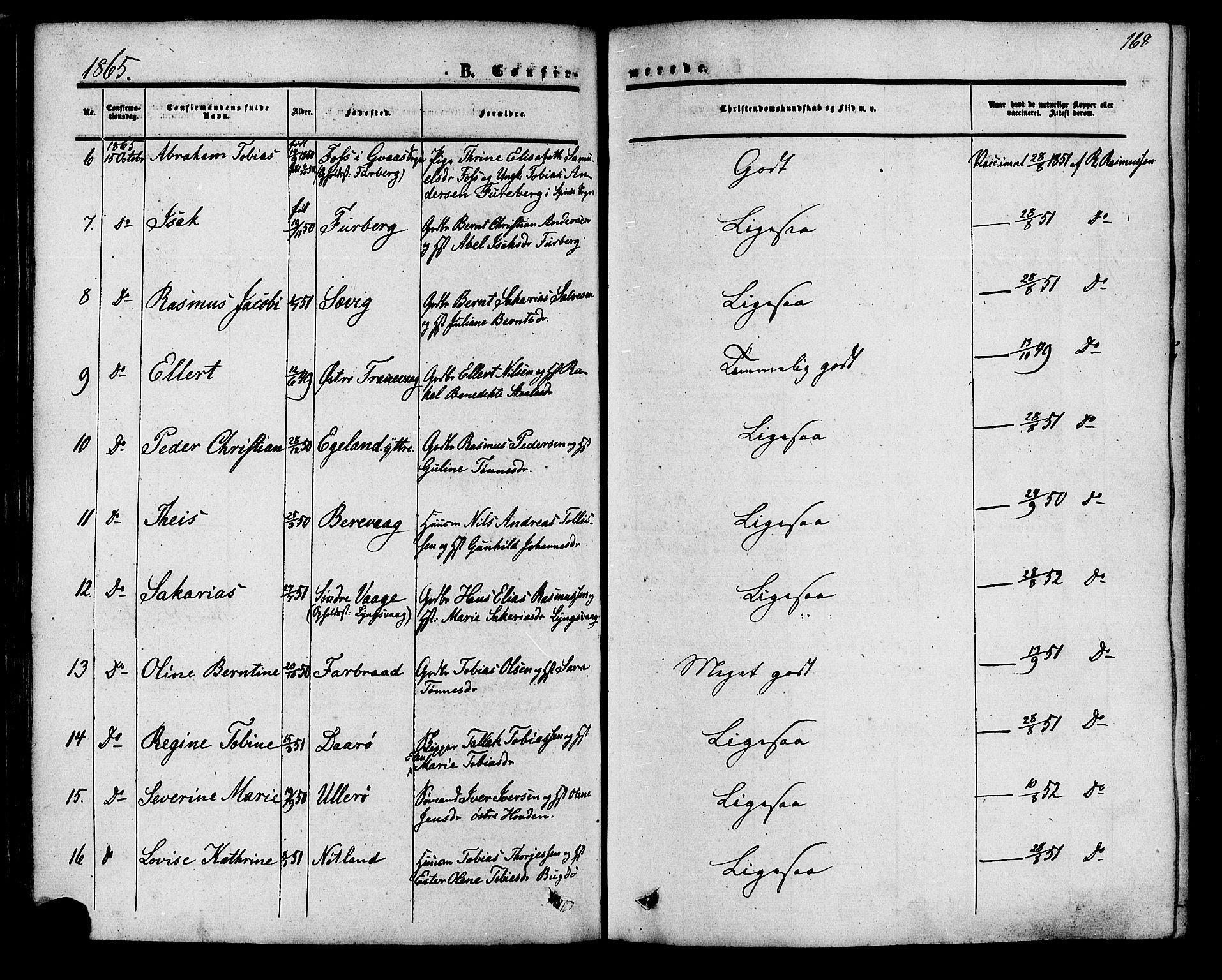 Herad sokneprestkontor, AV/SAK-1111-0018/F/Fa/Fab/L0004: Parish register (official) no. A 4, 1853-1885, p. 168