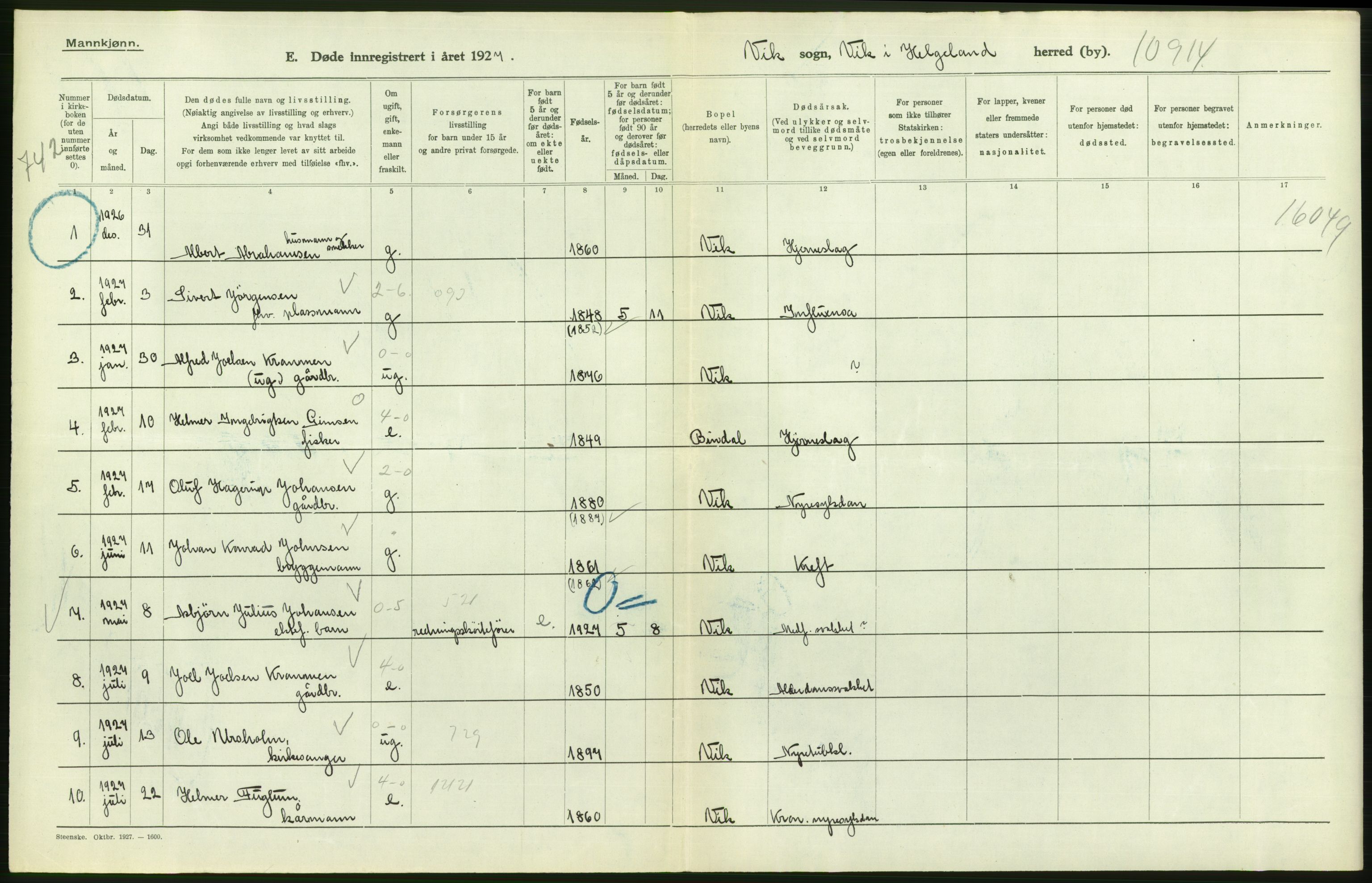 Statistisk sentralbyrå, Sosiodemografiske emner, Befolkning, AV/RA-S-2228/D/Df/Dfc/Dfcg/L0042: Nordland fylke: Døde. Bygder og byer., 1927, p. 316