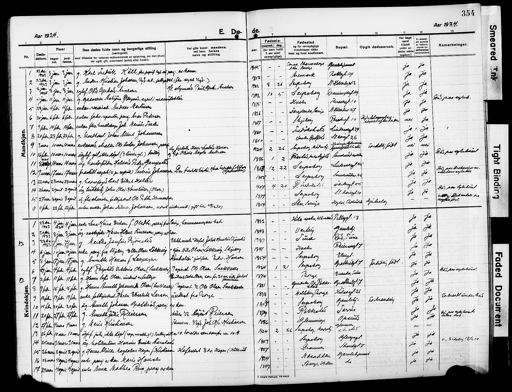 Sarpsborg prestekontor Kirkebøker, AV/SAO-A-2006/G/Ga/L0002: Parish register (copy) no. 2, 1912-1931, p. 354