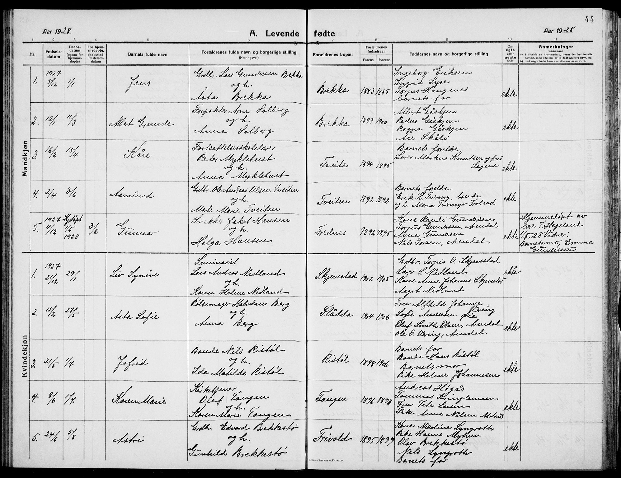 Austre Moland sokneprestkontor, SAK/1111-0001/F/Fb/Fba/L0005: Parish register (copy) no. B 4b, 1914-1935, p. 44