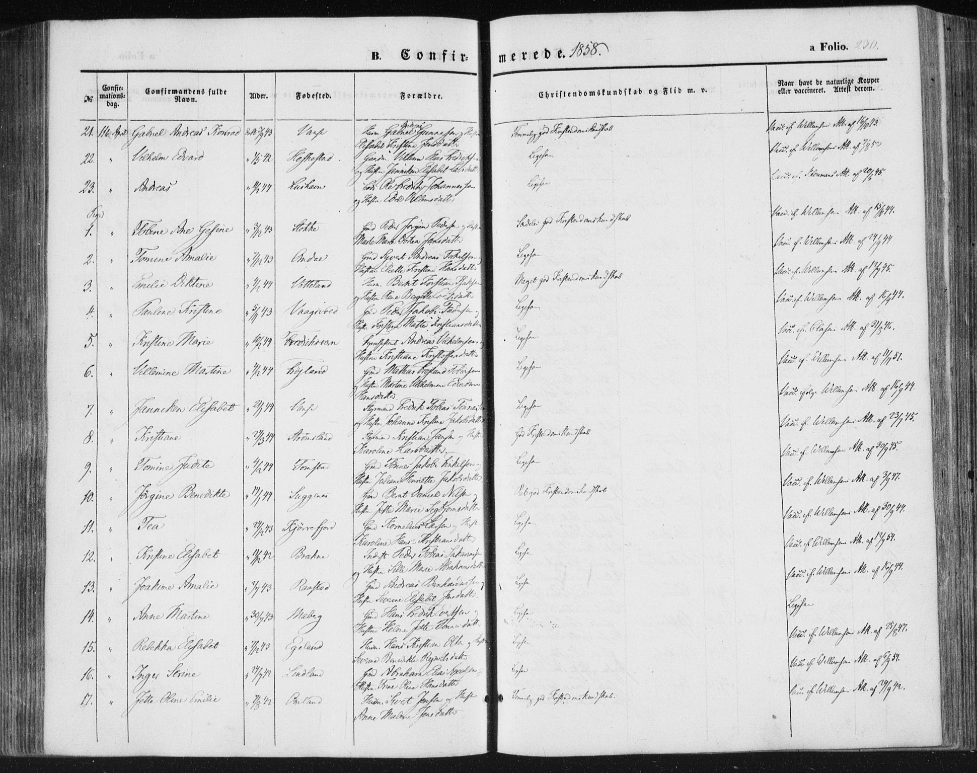 Lista sokneprestkontor, SAK/1111-0027/F/Fa/L0010: Parish register (official) no. A 10, 1846-1861, p. 230