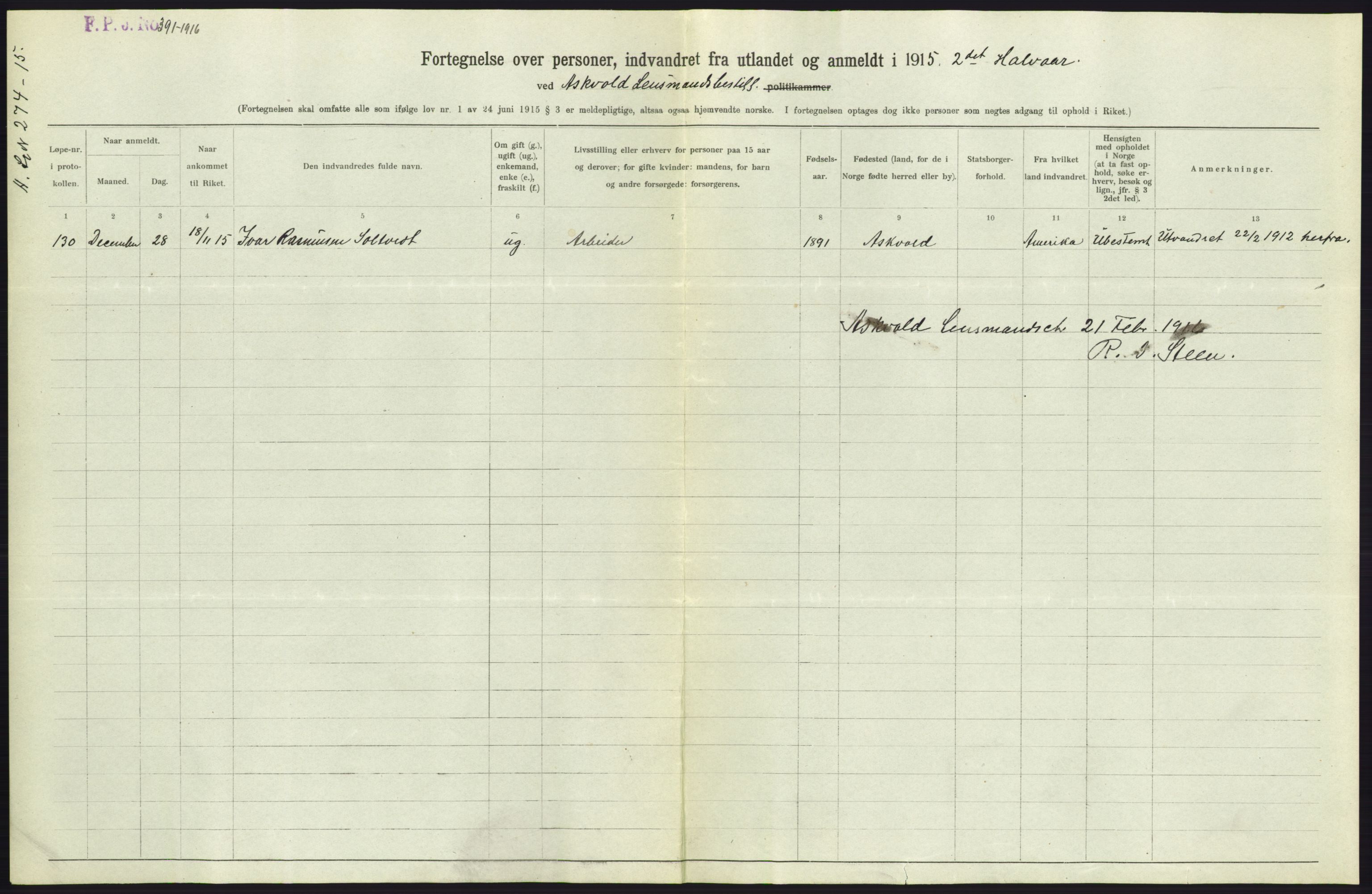 Statistisk sentralbyrå, Sosioøkonomiske emner, Folketellinger, boliger og boforhold, AV/RA-S-2231/F/Fa/L0001: Innvandring. Navn/fylkesvis, 1915, p. 456