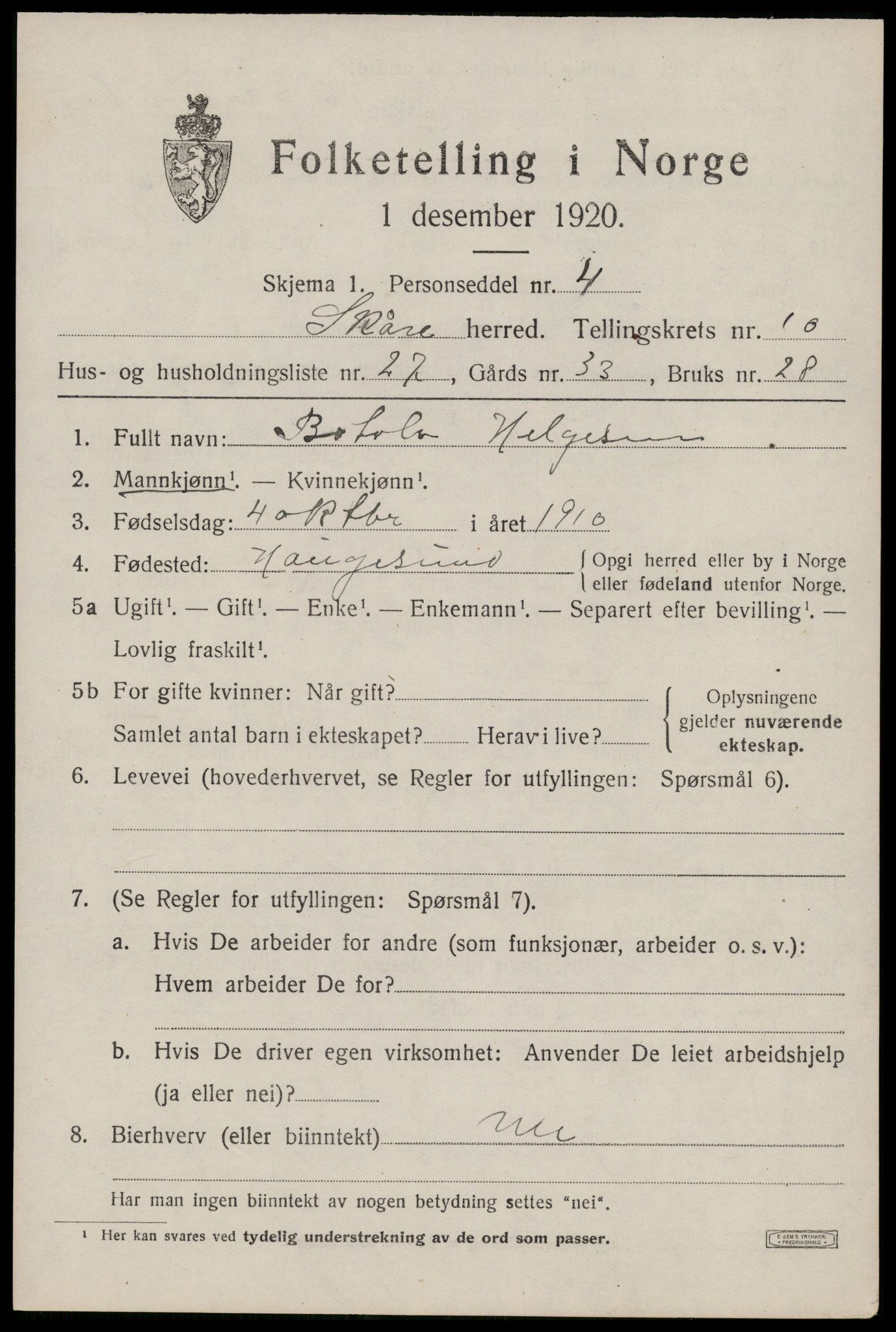 SAST, 1920 census for Skåre, 1920, p. 8204