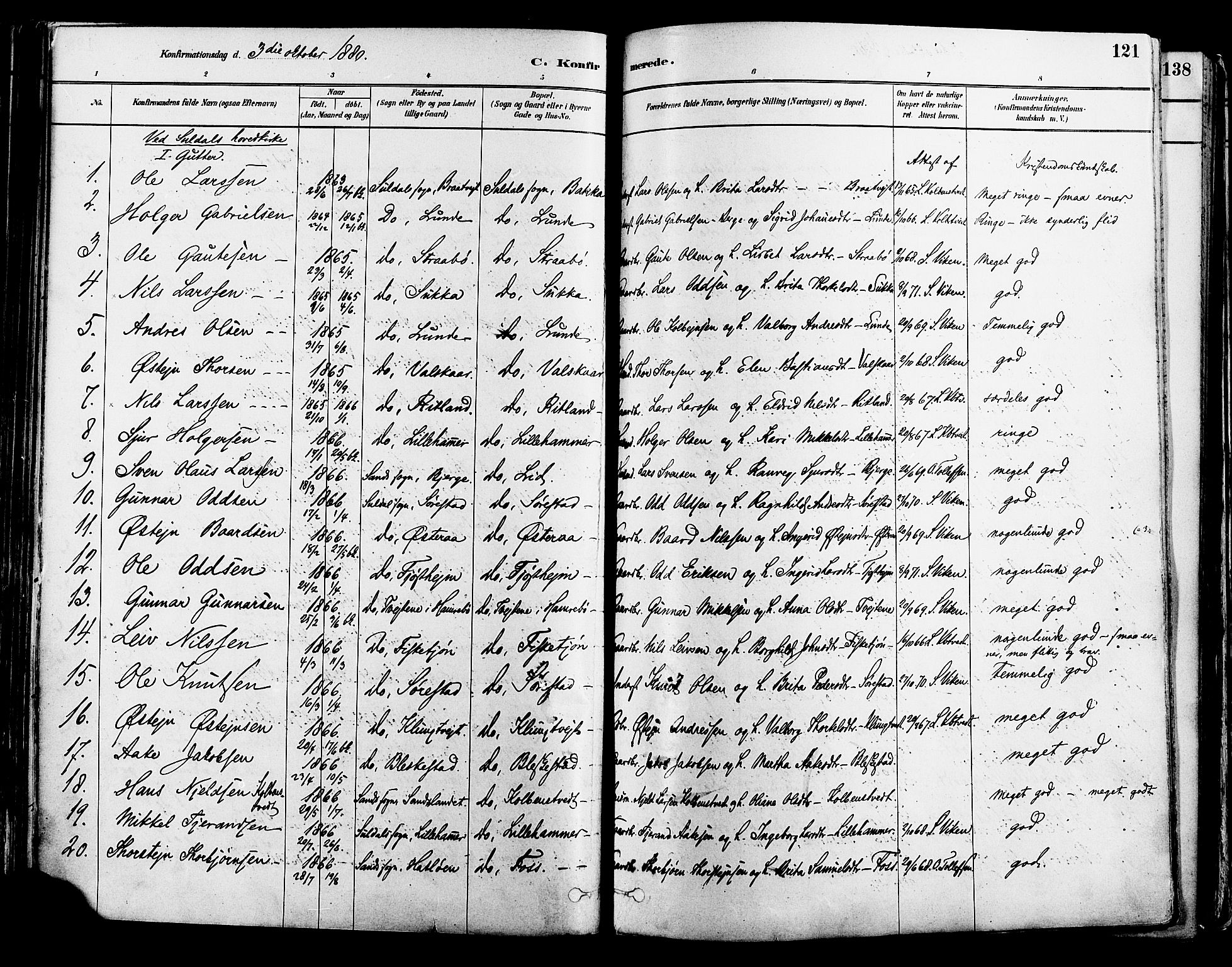 Suldal sokneprestkontor, AV/SAST-A-101845/01/IV/L0011: Parish register (official) no. A 11, 1878-1900, p. 121