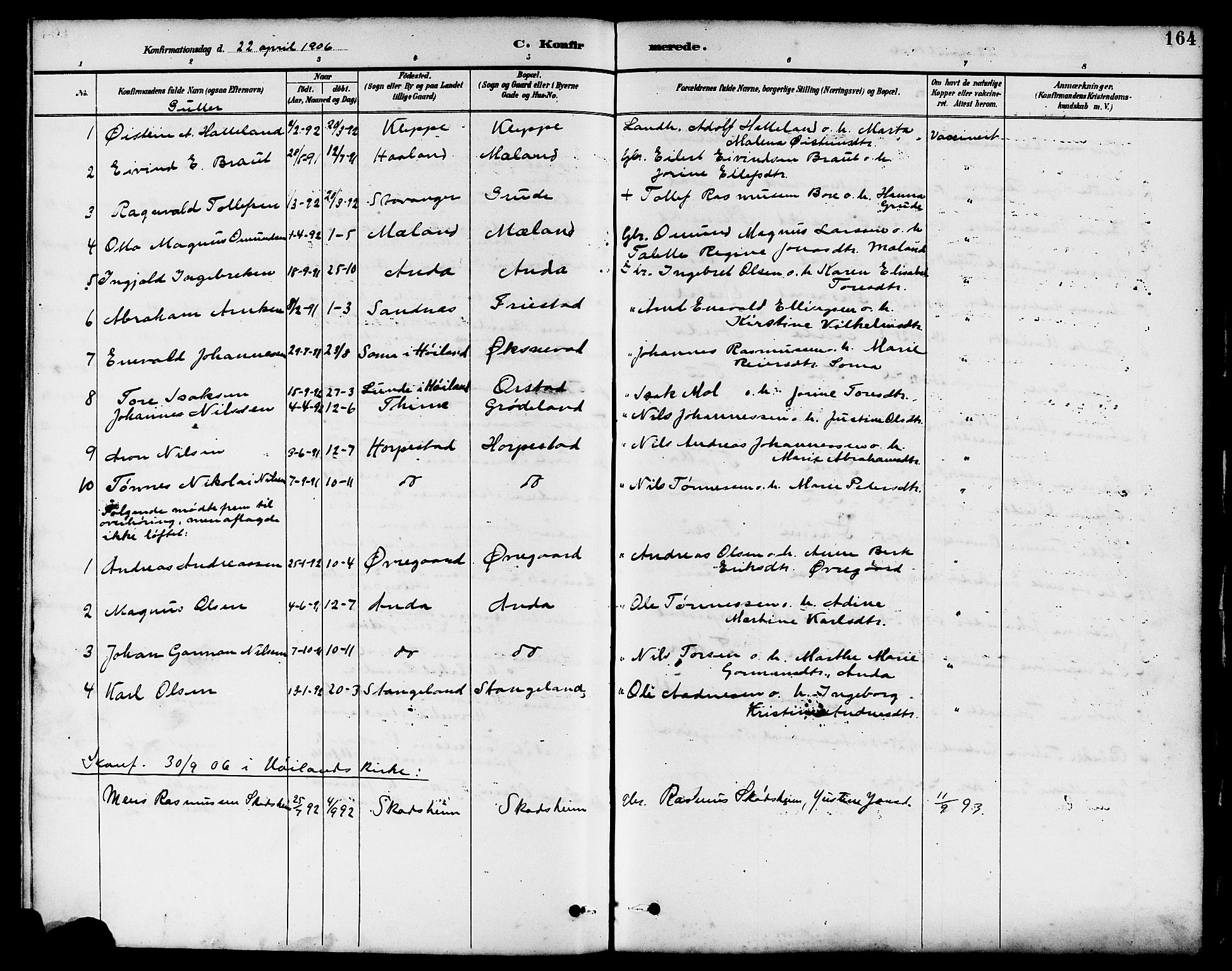 Klepp sokneprestkontor, SAST/A-101803/001/3/30BB/L0004: Parish register (copy) no. B 4, 1889-1914, p. 164