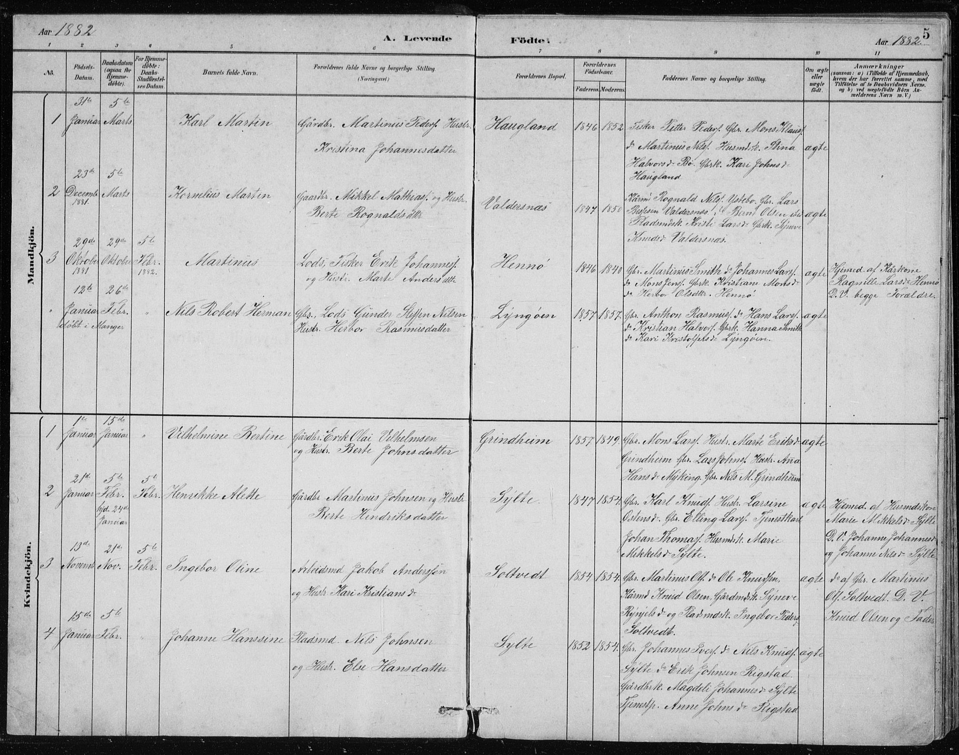 Manger sokneprestembete, SAB/A-76801/H/Hab: Parish register (copy) no. B 2, 1882-1890, p. 5