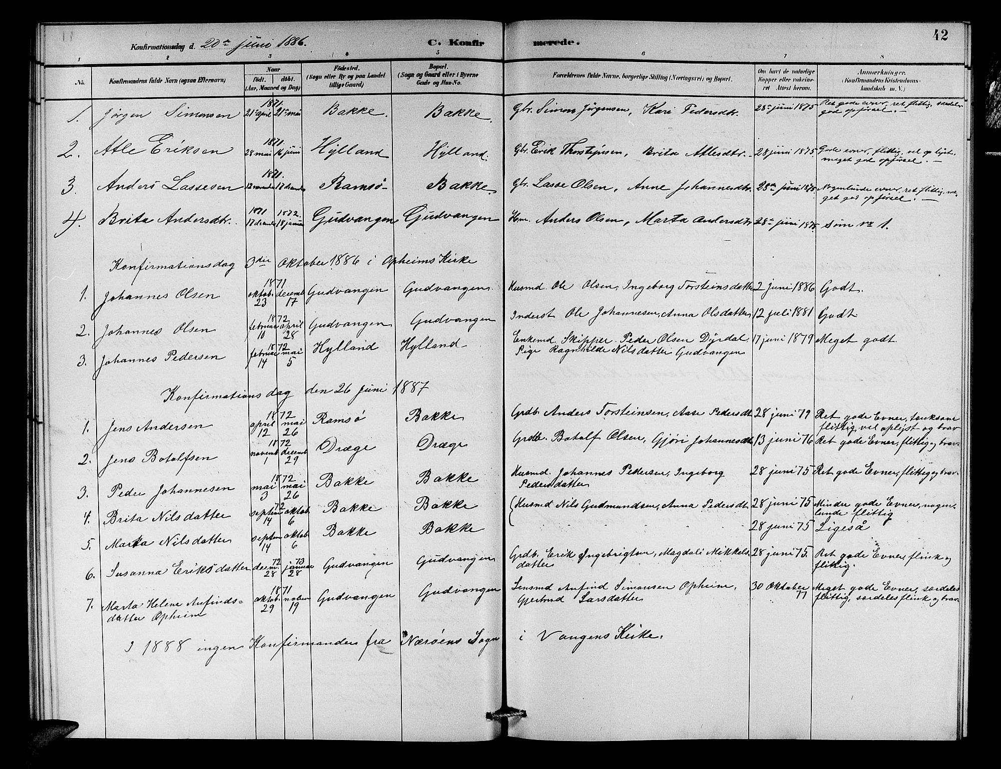 Aurland sokneprestembete, SAB/A-99937/H/Hb/Hbc/L0002: Parish register (copy) no. C 2, 1883-1900, p. 42