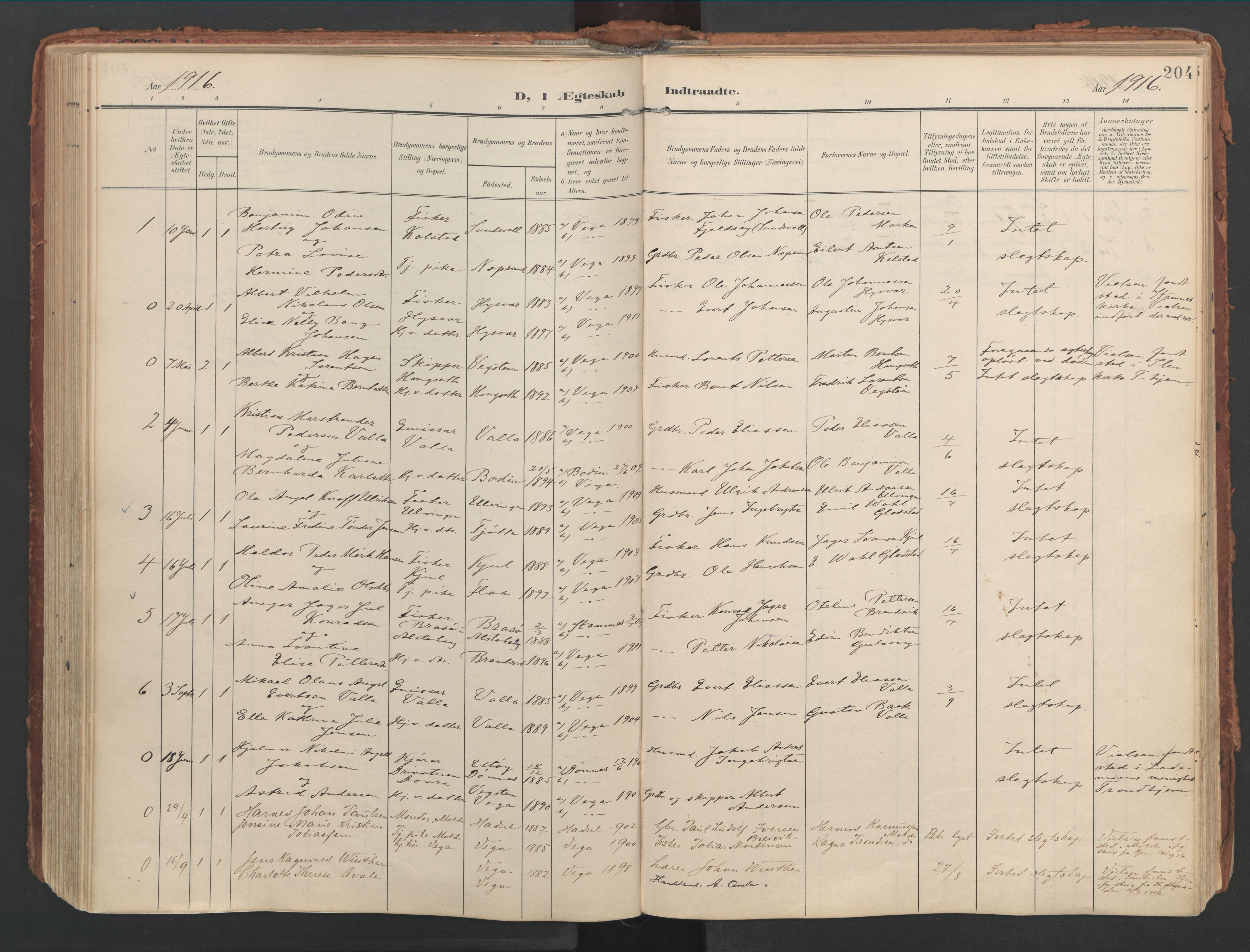 Ministerialprotokoller, klokkerbøker og fødselsregistre - Nordland, AV/SAT-A-1459/816/L0250: Parish register (official) no. 816A16, 1903-1923, p. 204