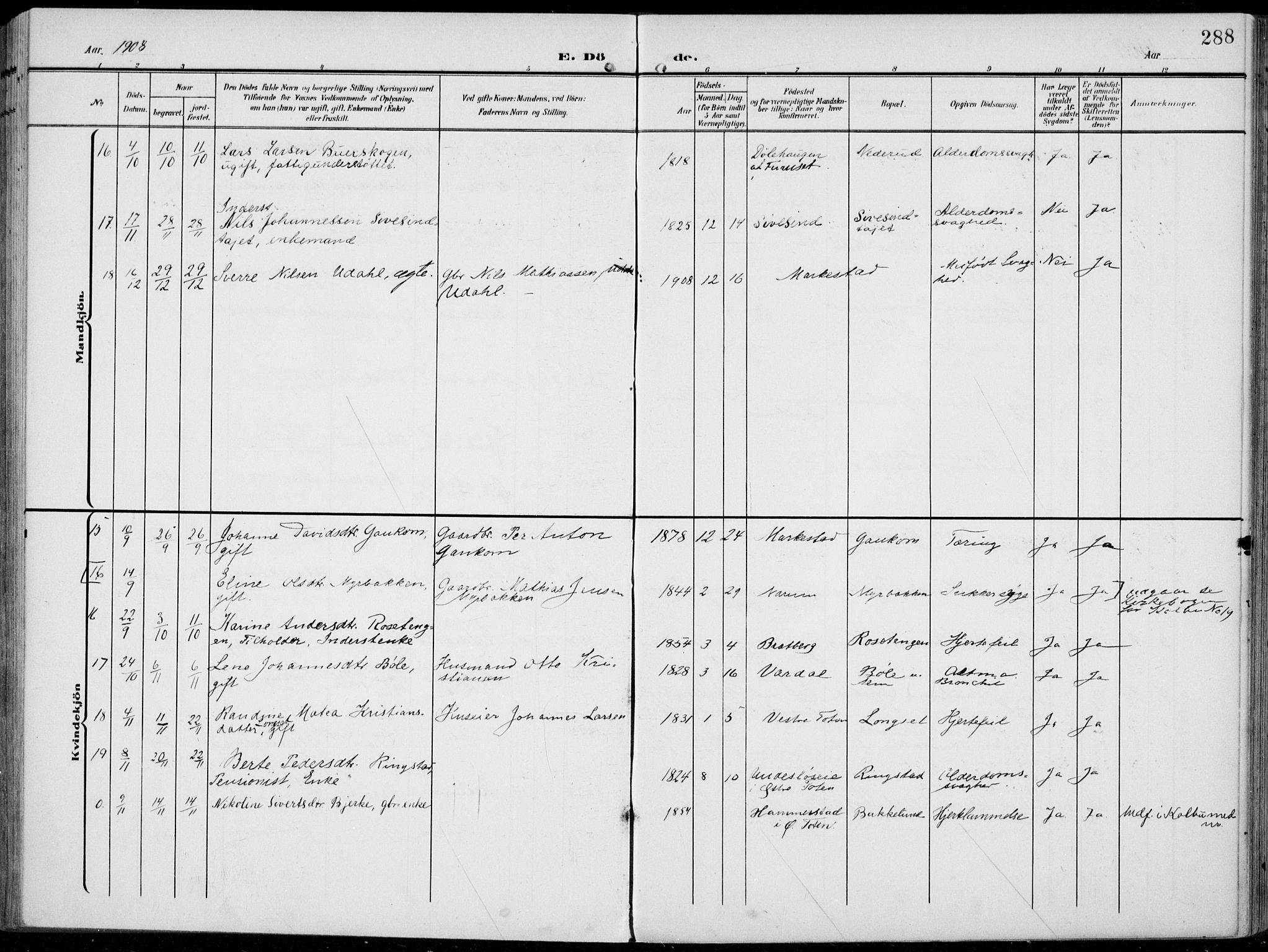 Vestre Toten prestekontor, AV/SAH-PREST-108/H/Ha/Haa/L0014: Parish register (official) no. 14, 1907-1920, p. 288