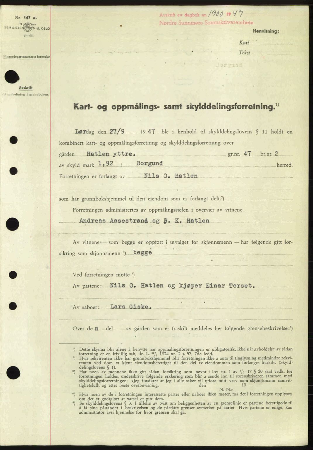 Nordre Sunnmøre sorenskriveri, AV/SAT-A-0006/1/2/2C/2Ca: Mortgage book no. A25, 1947-1947, Diary no: : 1900/1947