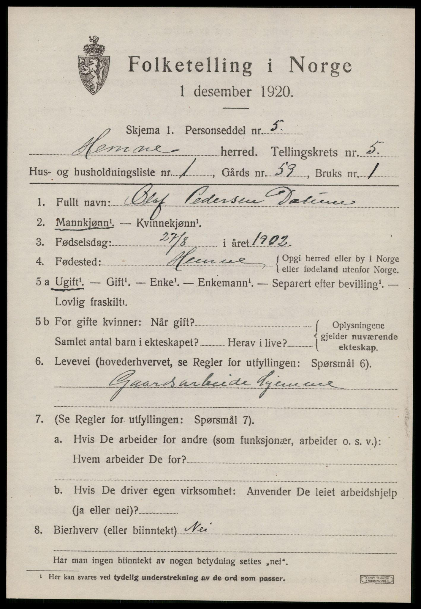 SAT, 1920 census for Hemne, 1920, p. 3106