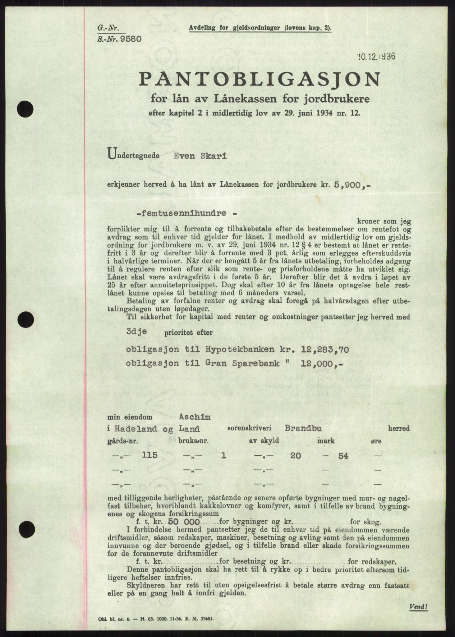 Hadeland og Land tingrett, SAH/TING-010/H/Hb/Hbc/L0002: Mortgage book no. B2, 1936-1937, Diary no: : 2873/1936