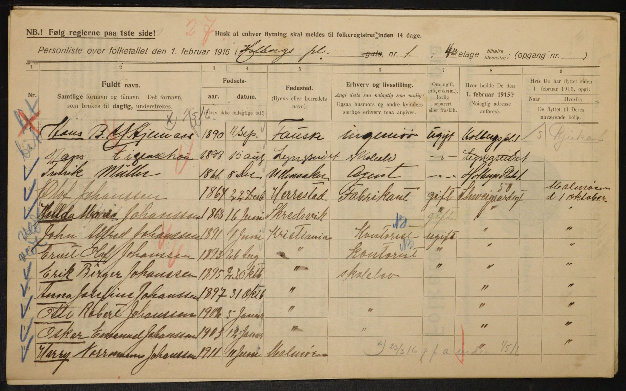 OBA, Municipal Census 1916 for Kristiania, 1916, p. 41199