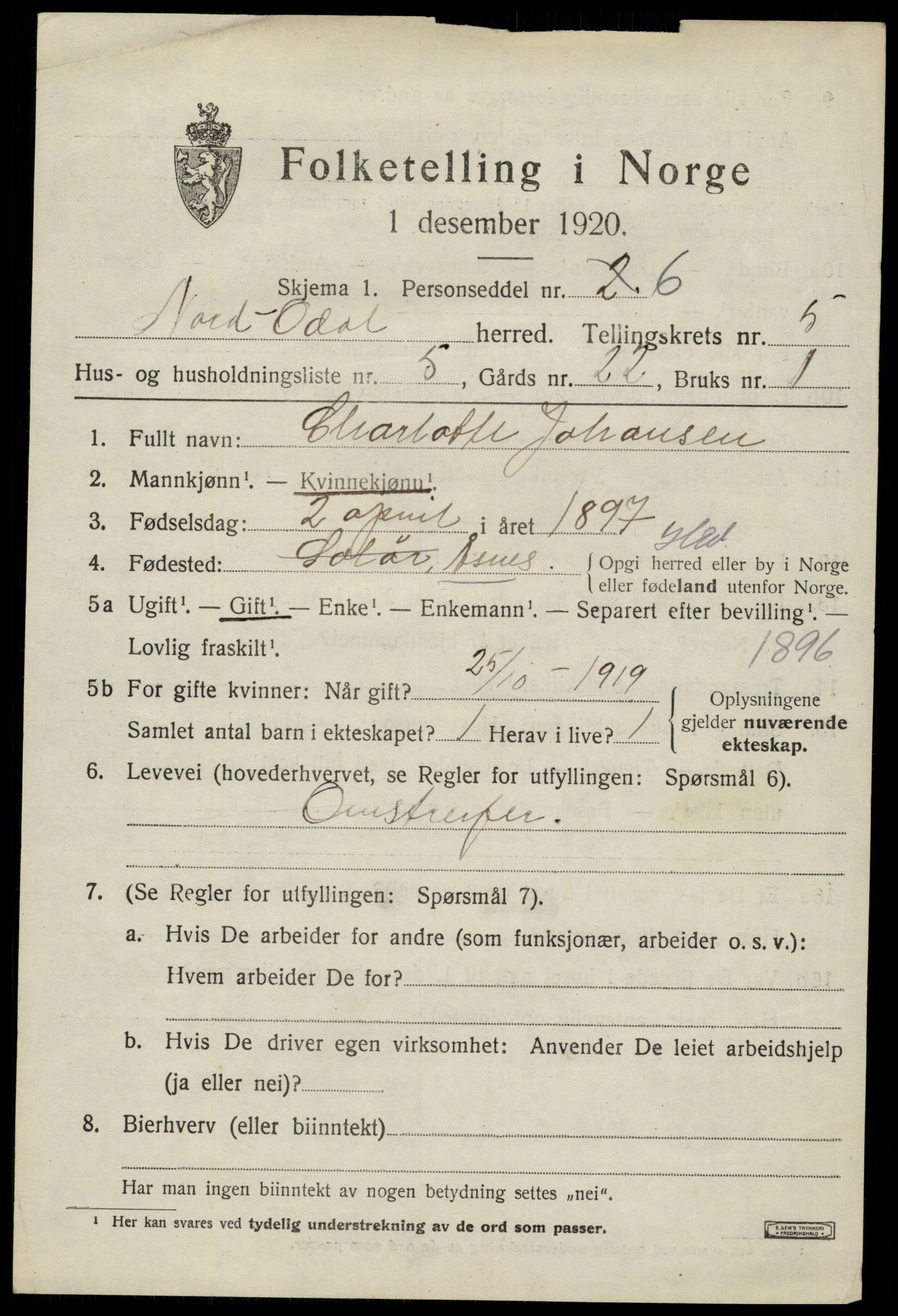 SAH, 1920 census for Nord-Odal, 1920, p. 5097